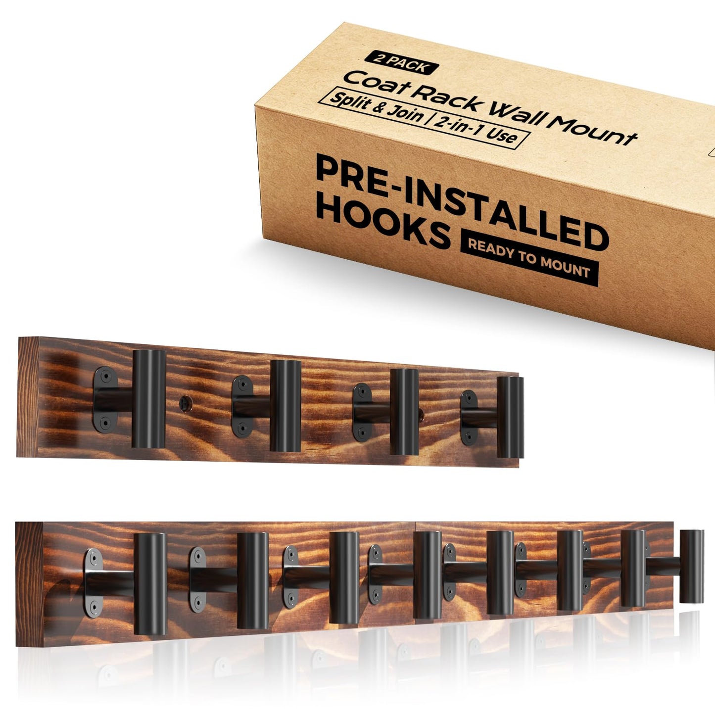 Orapoke Coat Rack Wall Mount 2 Pack with 8 Pre-Installed Metal Hooks, Rustic Pine Solid Wood Coat Hanger Wall Mount for Entryway & Living Room, Coat Hooks for Hanging Jacket, Hat, Backpack (32.3")