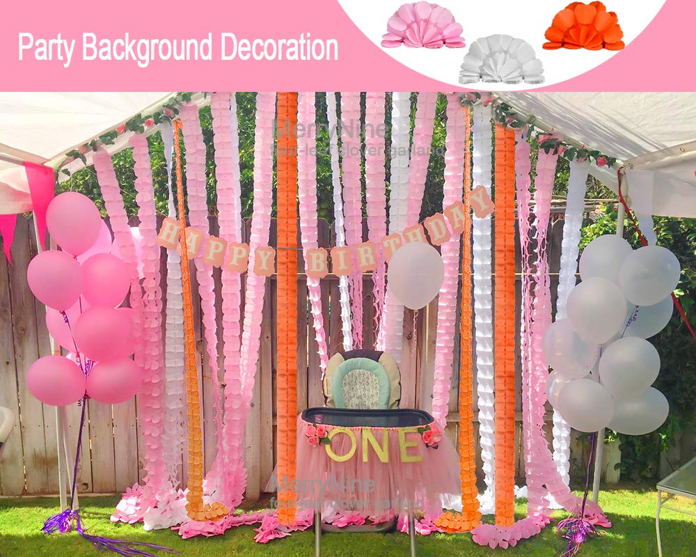 MerryNine Reusable Four-Leaf Clover Paper Garland, 6-Pack 11.8ft/3.6m Each, Pink White Orange Streamers for Party Wedding Decorations