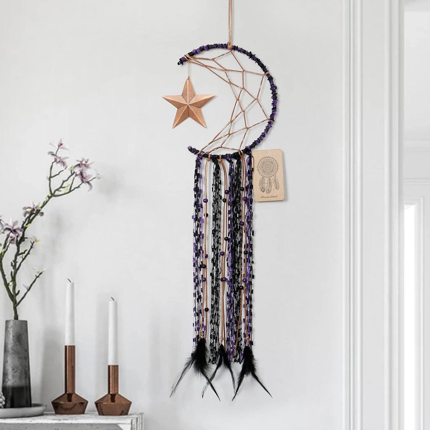 Dremisland Moon Dream Catcher Handmade Half Circle Moon Design Dream Catcher Feather Hanging with Star Home Decoration Ornament Festival Gift (Purple)