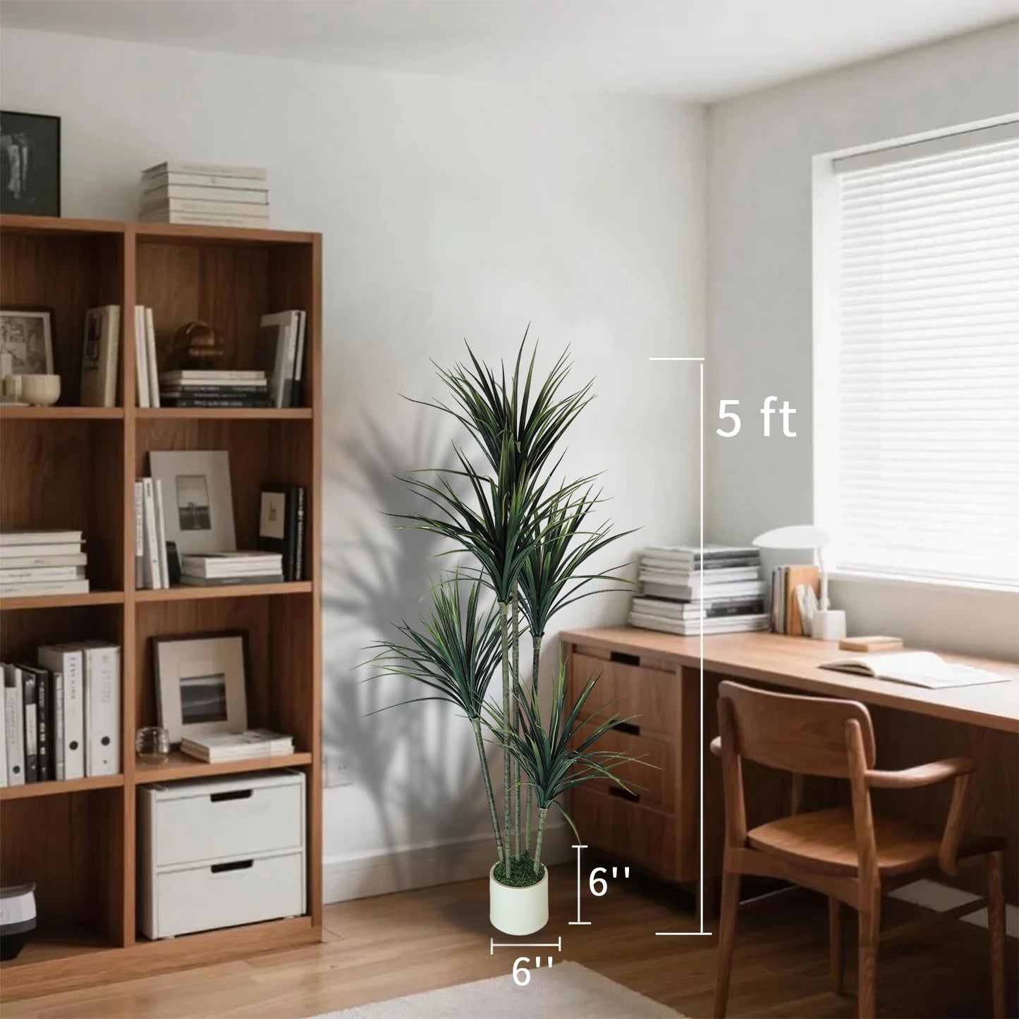 5FT Artificial Dracaena Tree: Realistic Fake Plant with White Planter - Lifelike Silk Floor Plant for Living Room Home Office Decor - Low Maintenance Indoor Tree