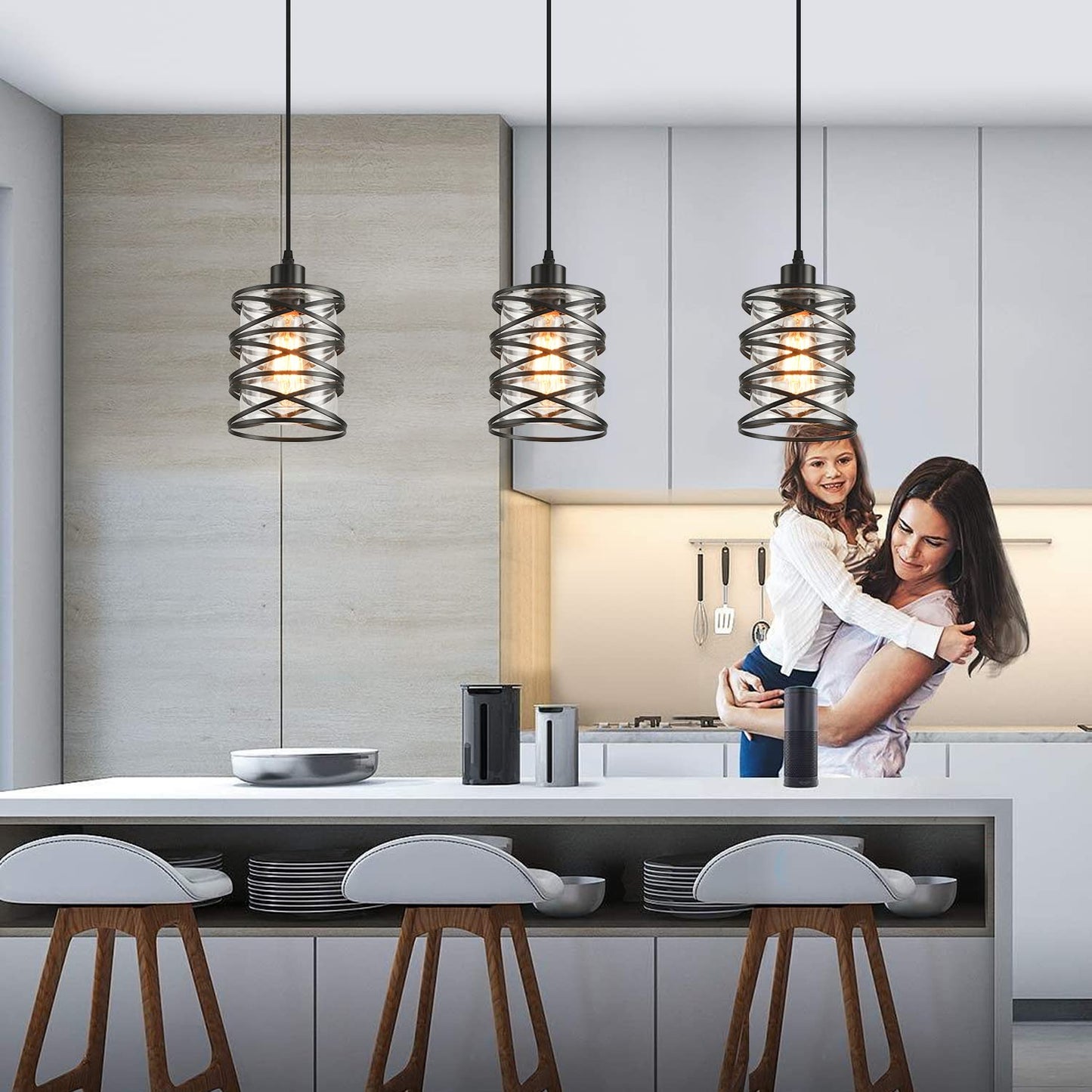 IHENGYANLT 2 Pack Black Spiral Cage Pendant Lights with Clear Glass Shade, Suitable for Kitchen Island, Dining Table, Entryway, Restaurant