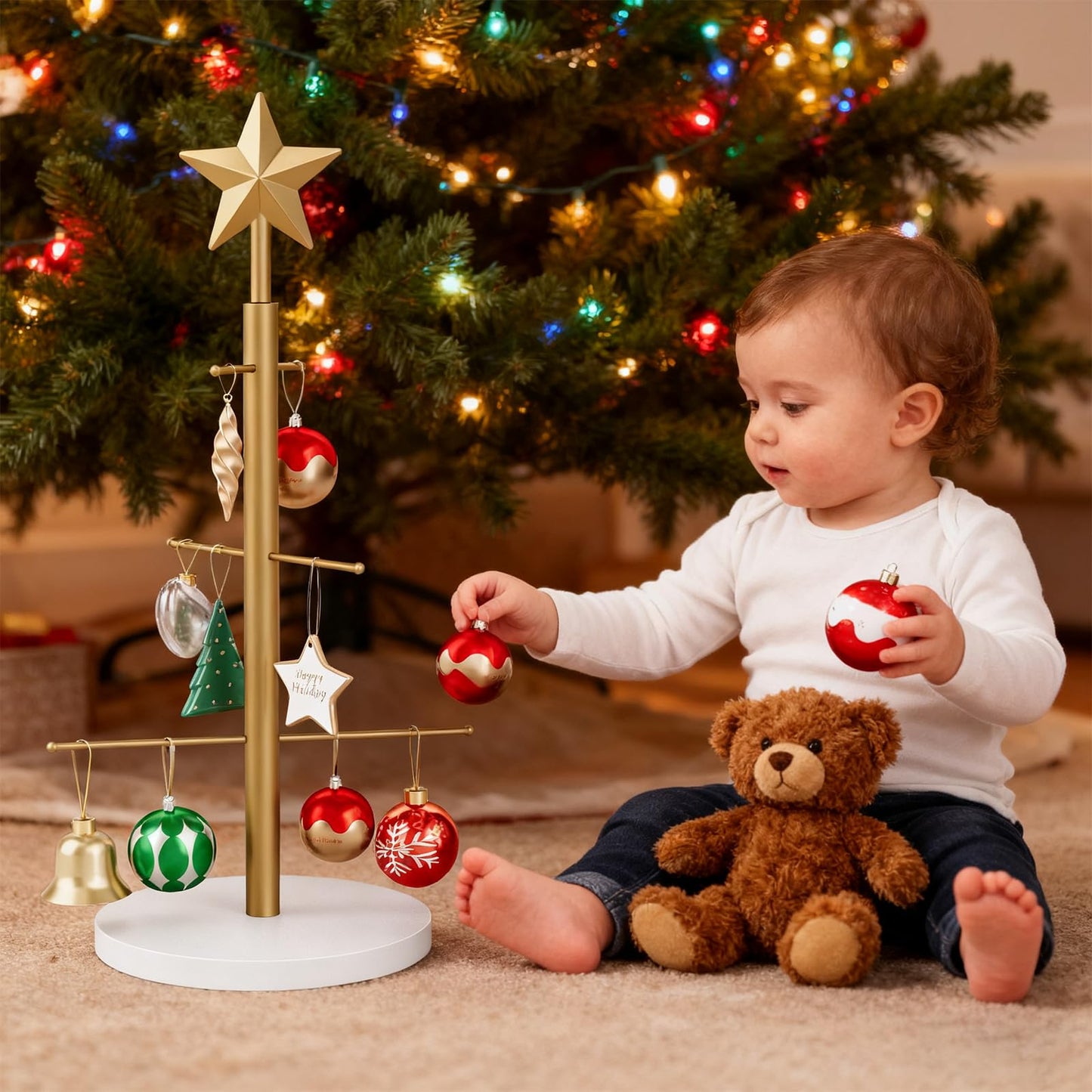 ELYKEN 22.8 Inch Christmas Ornament Display Stand Tree for Desktop with Wooden Stable Base, 6 Metal Holder for Baubles and Holiday Decorations, Gold