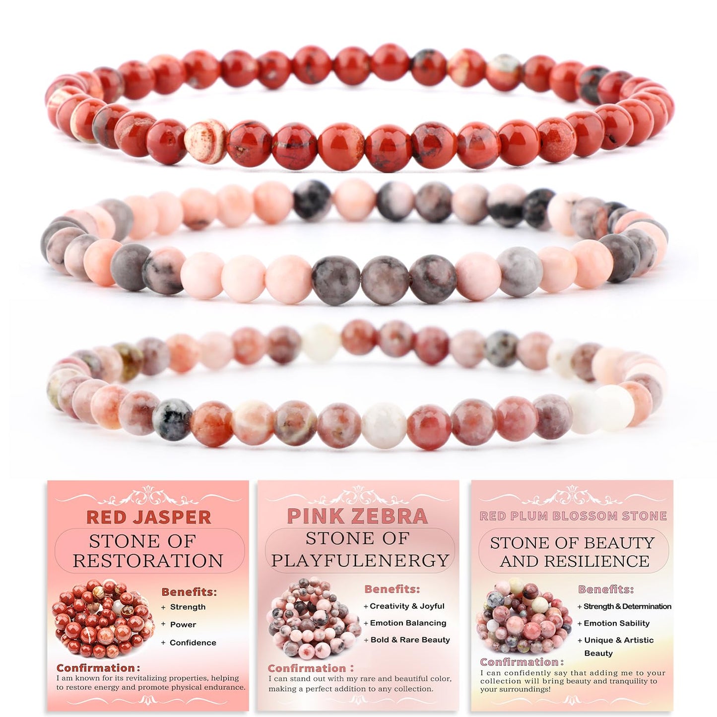 CMBYN 3-Pieces 4mm Natural Crystal Gemstone – ﻿Pink Zebra, Red Jasper, Red Plum Blossom Stone Handmade Reiki Energy Healing Stretch Bracelets Jewelry for Yoga, Meditation, Unisex