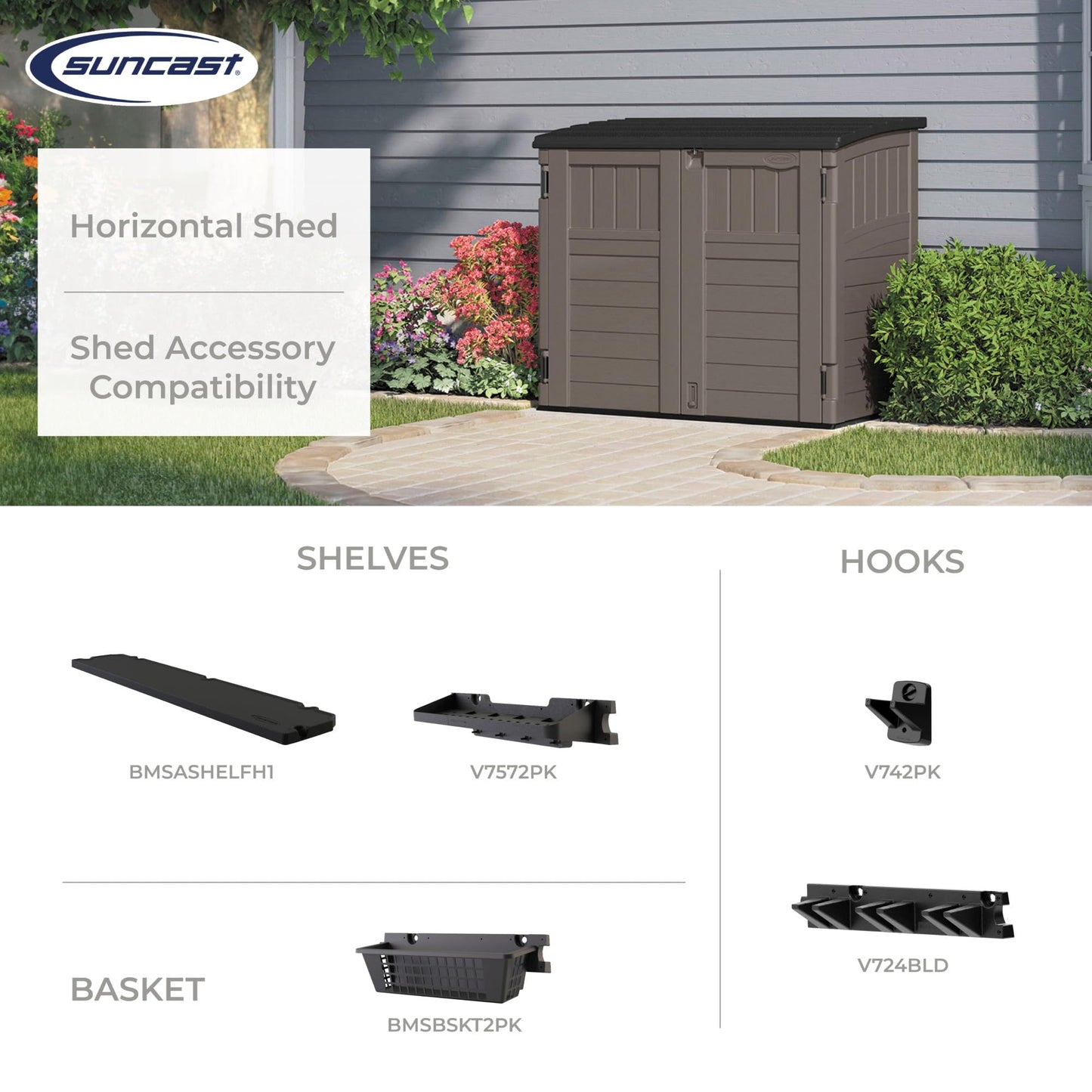 Suncast 5.9 ft. x 3.7 ft Horizontal Stow-Away Storage Shed - Natural Wood-Like Outdoor Storage for Trash Cans and Yard Tools - All-Weather Resin, Hinged Lid, Reinforced Floor - Made in The USA