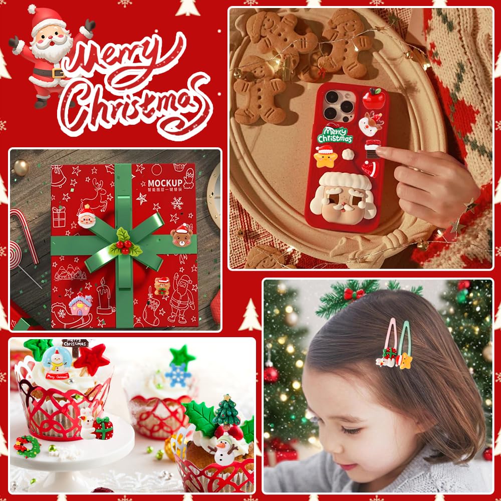 Vellibring 120PCS Christmas Cute Resin Flatback Slime Charms，60 Styles Bulk Christmas Cartoon Making Kit Decorations for Holiday DIY Craft Phone Cases Nails Scrapbooking