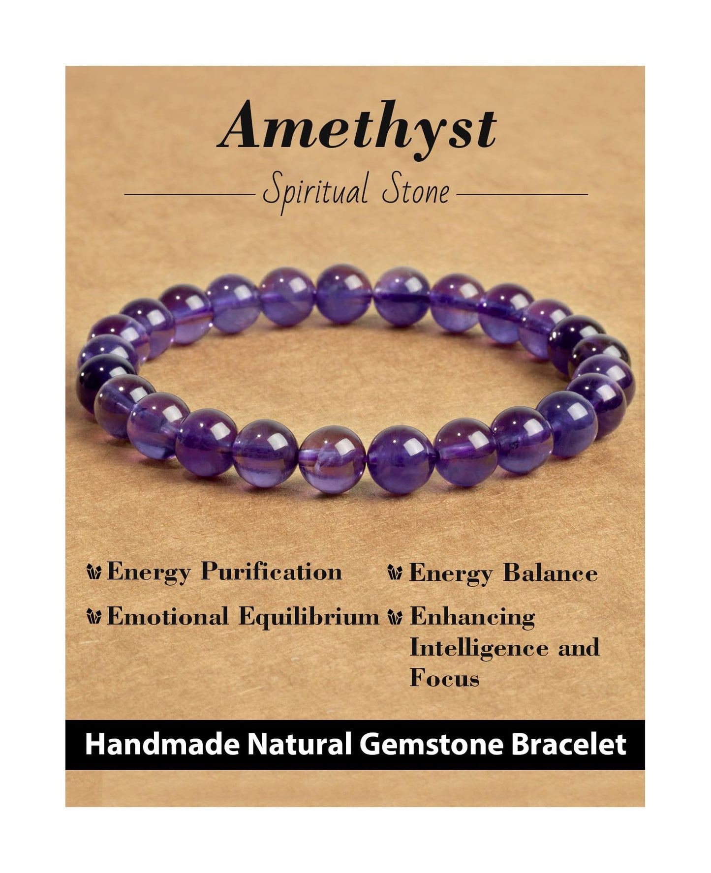 Landorilo Beaded Bracelet for Men Women, 8mm Natural Stone Amethyst Healing Crystal Stretch Bracelets, Ideal Christmas Birthday Jewelry Gifts with Energy Card，Replacement Beads Included