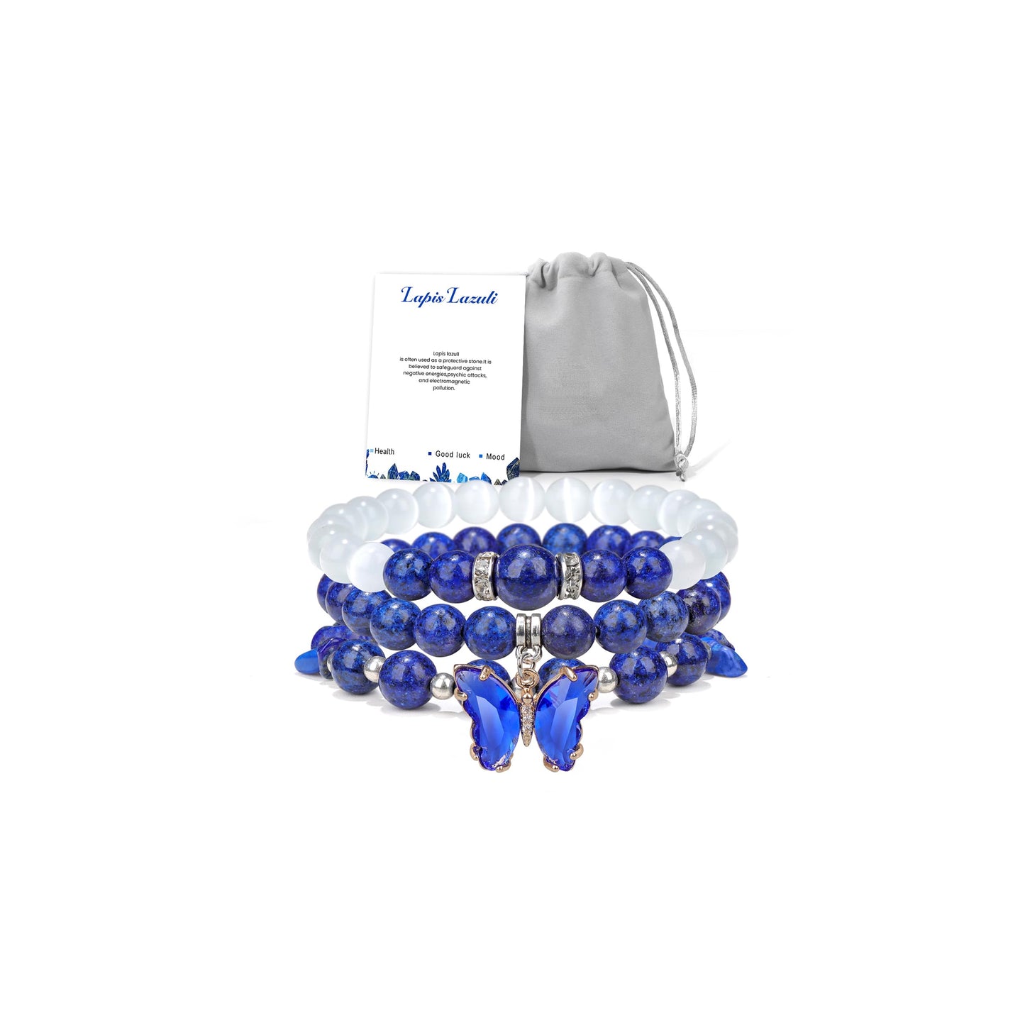 Raicegs Healing Crystal Bracelets for Women Lapis Lazuli Butterfly Bracelet Set 8mm Natural Stone Beaded Bracelet Anxiety Stress Relief Purple Bracelets for Women
