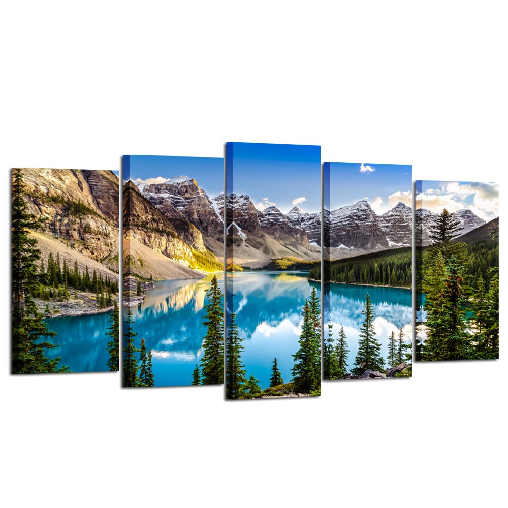 KREATIVE ARTS - 5 Pieces Canvas Prints Wall Art Canada Moraine Lake And Rocky Mountain Landscape Pictures Modern Canvas Painting Giclee Artwork For Home Decoration (Large Size 60x32inch)