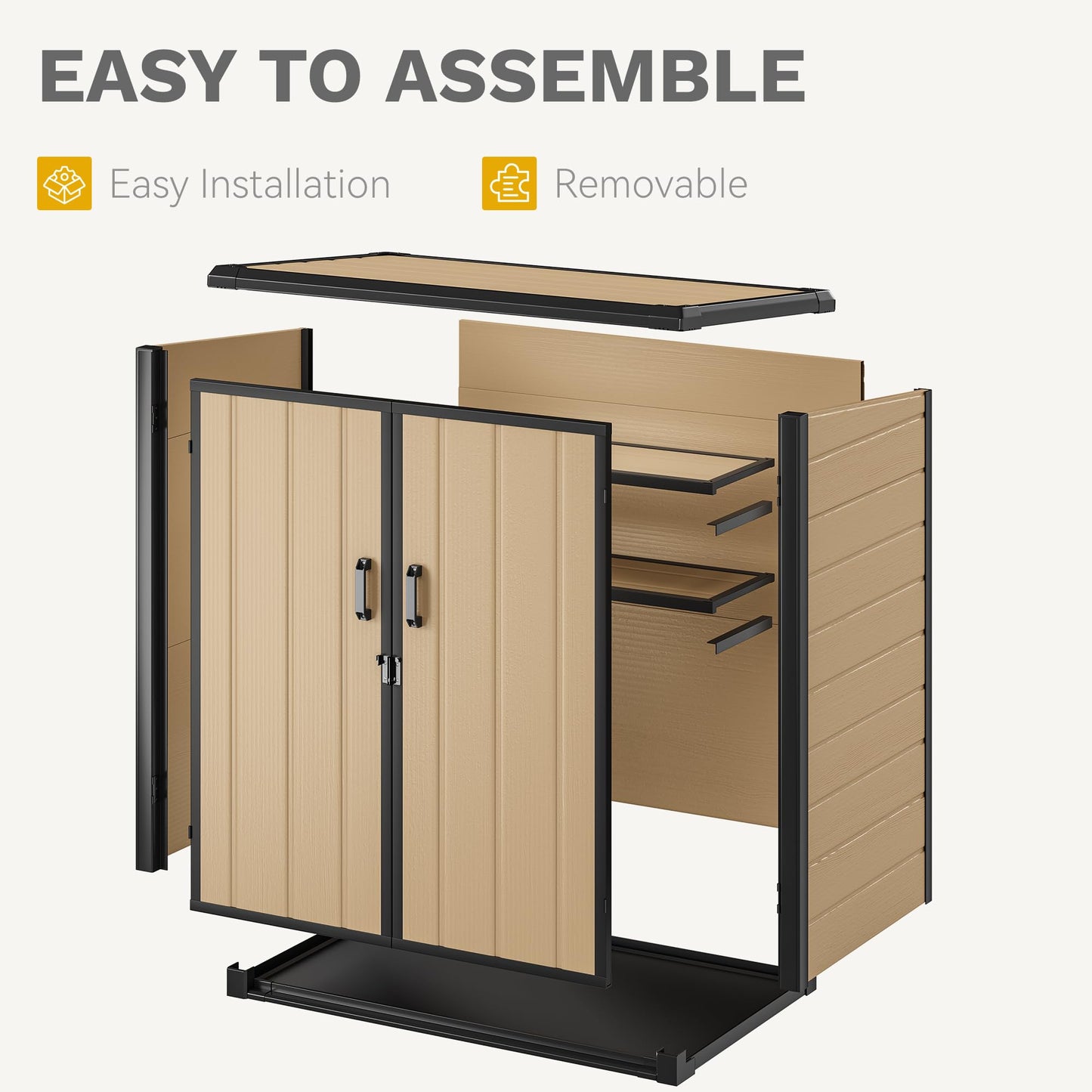 DWVO 54 cuft Outdoor Storage Shed with 2 Shelves, 4.2x2.6x5ft Vertical Tool Shed with Floor & Lockable Doors, Sturdy Double-Wall Plastic Cabinet for Garbage Cans and Garden Equipment (Brown)