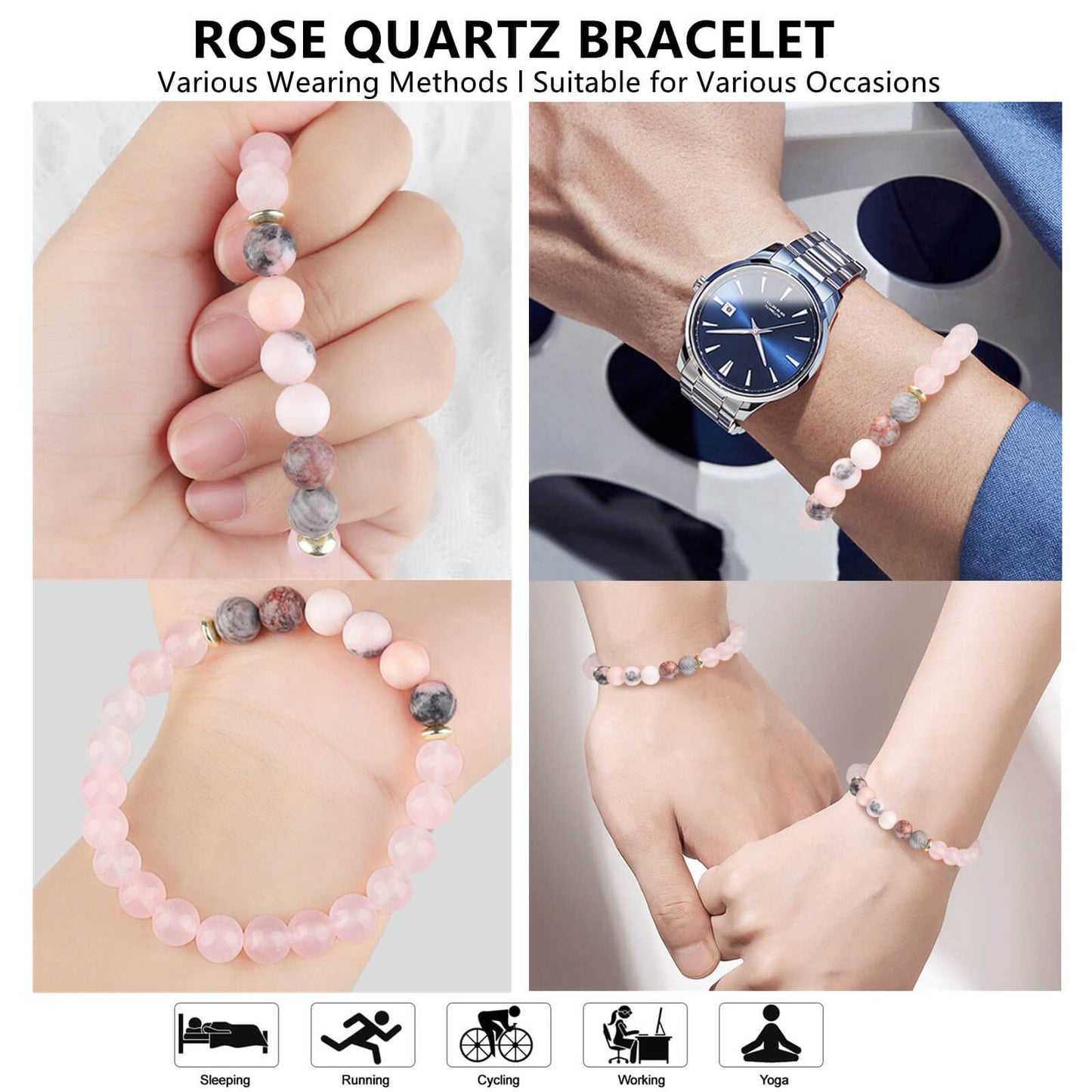 HOZEAL Handmade Rose Quartz Bracelet, Pink Crystal Stone Love Friendship Chakra Bracelet, Prosperity Business Money Energy Wealth Good Luck Feng Shui Beaded Bracelet for Men Women