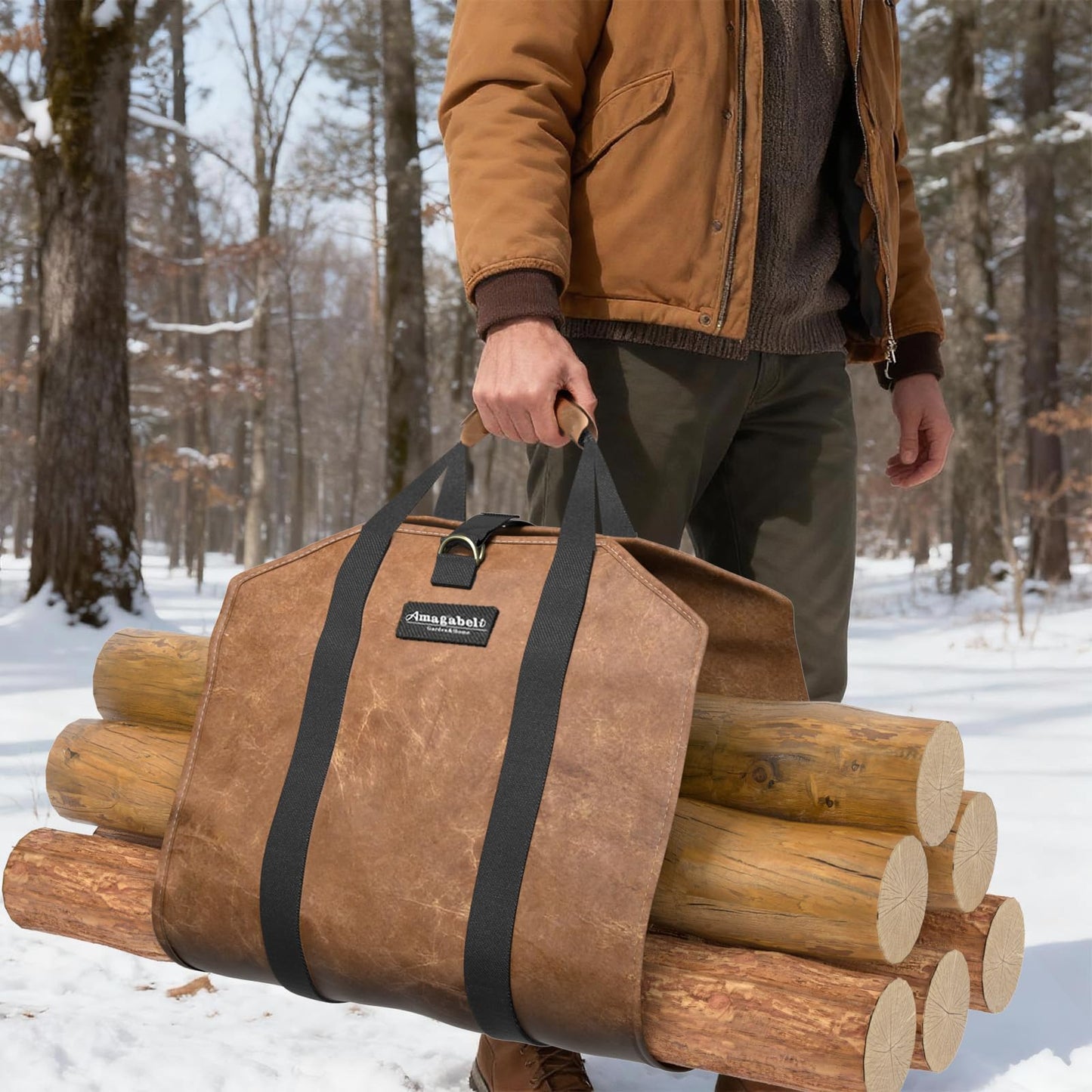 AMAGABELI GARDEN & HOME Firewood Carrier Waxed Canvas Firewood Bag Heavy Duty Large Fireplace Carrier Durable Log Tote Fire Wood Carring Bag with Handle Wood Sling Holder Cabin Stove Accessories Brown