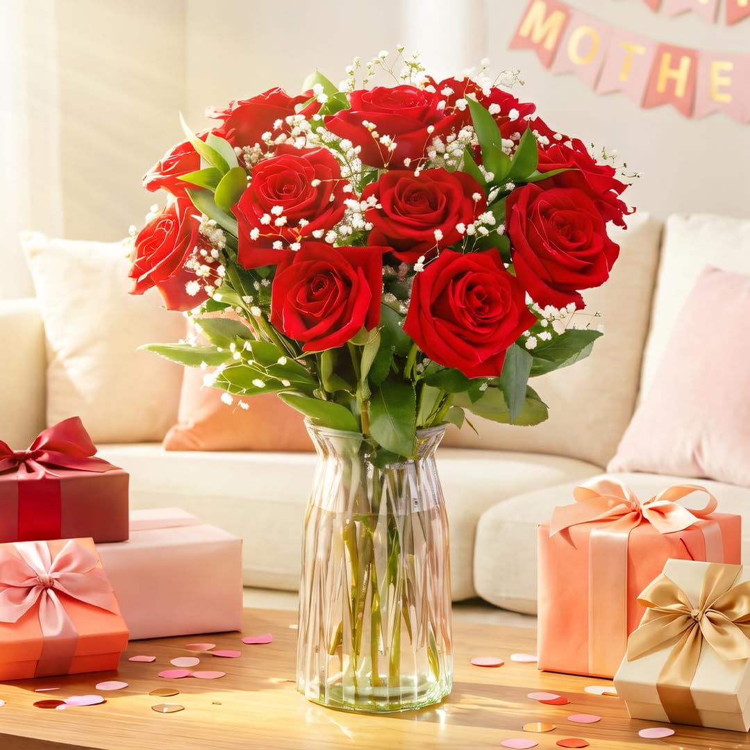 Benchmark Bouquets - 12 Stem Red Roses (Glass Vase Included) - Fresh Flowers for Next Day Delivery - Gift for Birthday, Anniversary, Get Well, Sympathy, Congratulations, Valentine's Day