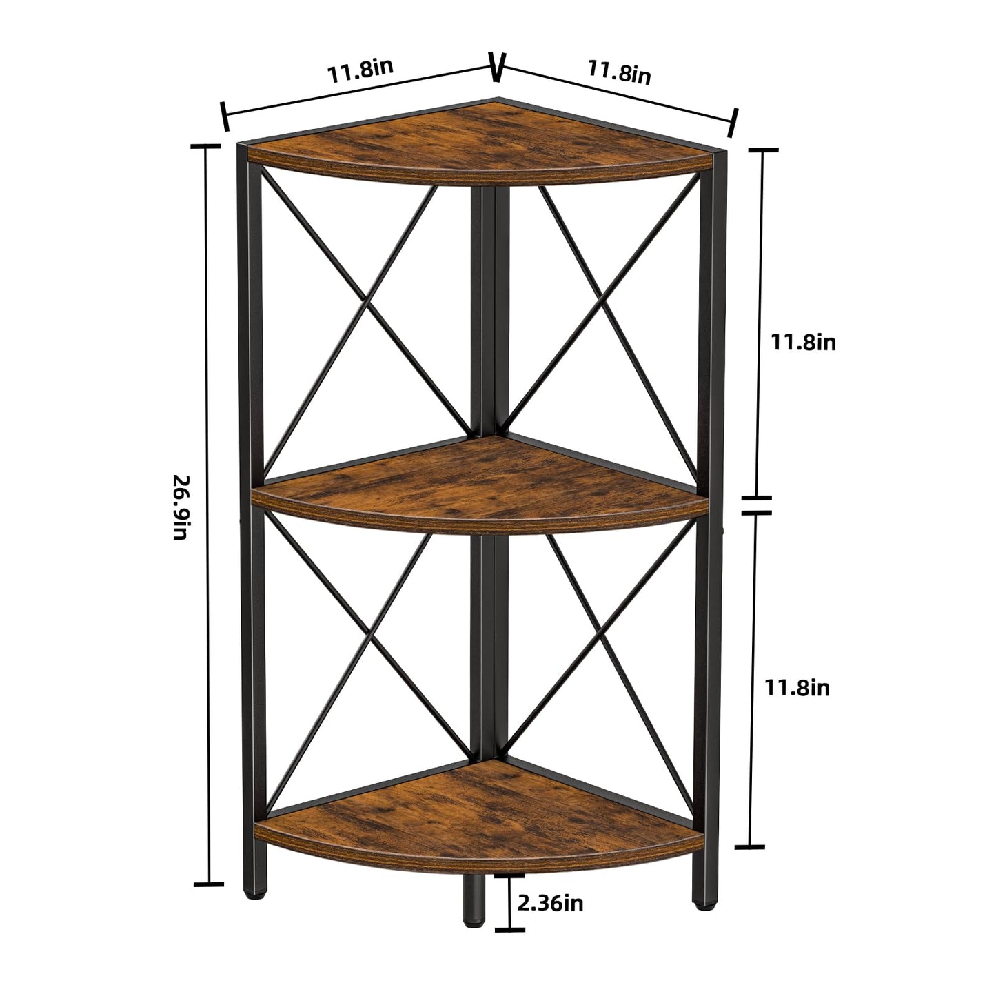 Snughome Corner Shelf with Metal Frame, 3 Tier Rustic Corner Storage Organizer, Freestanding Corner Bookshelf Stand Display Rack for Kitchen, Living Room