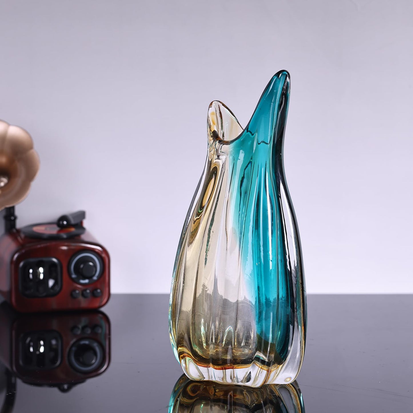 Hand Blown Glass Flower vases,Unique Wide-Mouth Vase,Modern Turquoise Glass Art Decor,for Home Living Room, Office, Table centerpieces, Bookshelves and Wedding Decorations (9.8inch H)