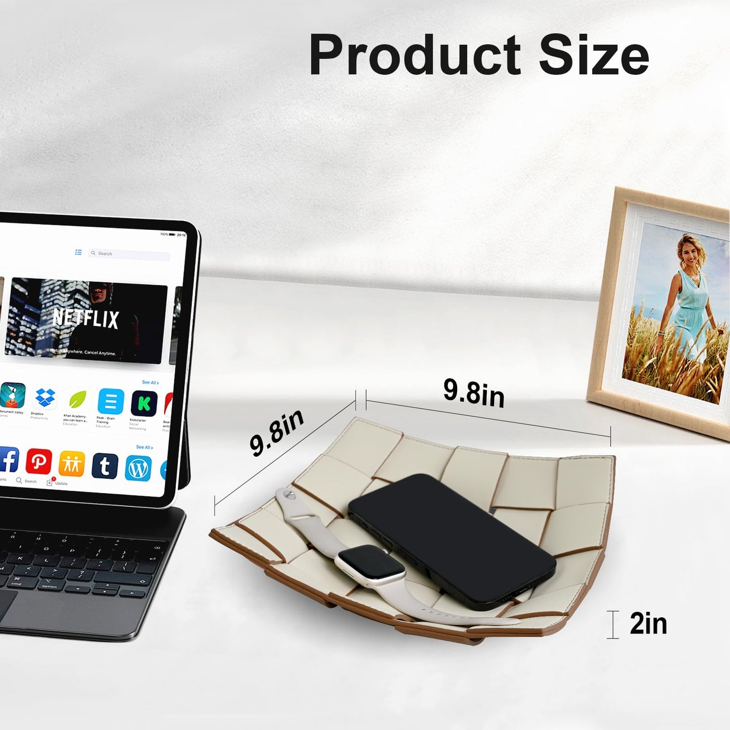 Valet Tray PU Leather Key Bowl for Men Women Entryway Table Nightstand Catchall EDC Dump Tray for Wallet, Keys, Jewelry Men's Gift - Coffee & White, 9.8" L x 9.8" W x 2" H