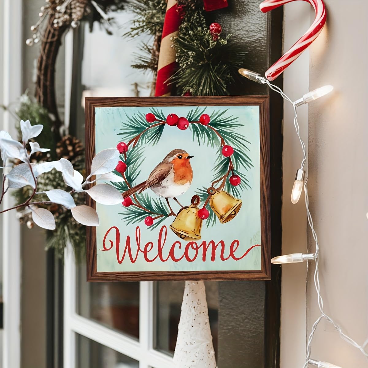 Welcome Sign Decorative Wooden Framed Sign Christmas Decor Sign Winter Robin and Berries Wall Art for Christmas, Entryway, Home 8x8 Inch