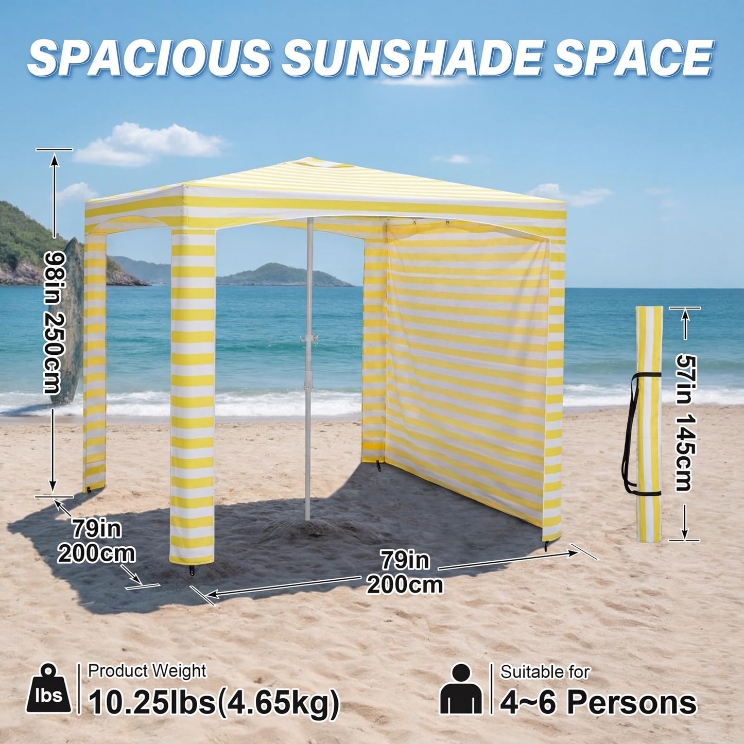 Beach Cabana-6.6x6.6’Beach Canopy with Side Wall,Portable Umbrella Tent with Sand Pockets for Family & Friends,Easy Up Beach Sun Shelter for Outdoor Patios,Backyards,and Camping,Yellow Stripes