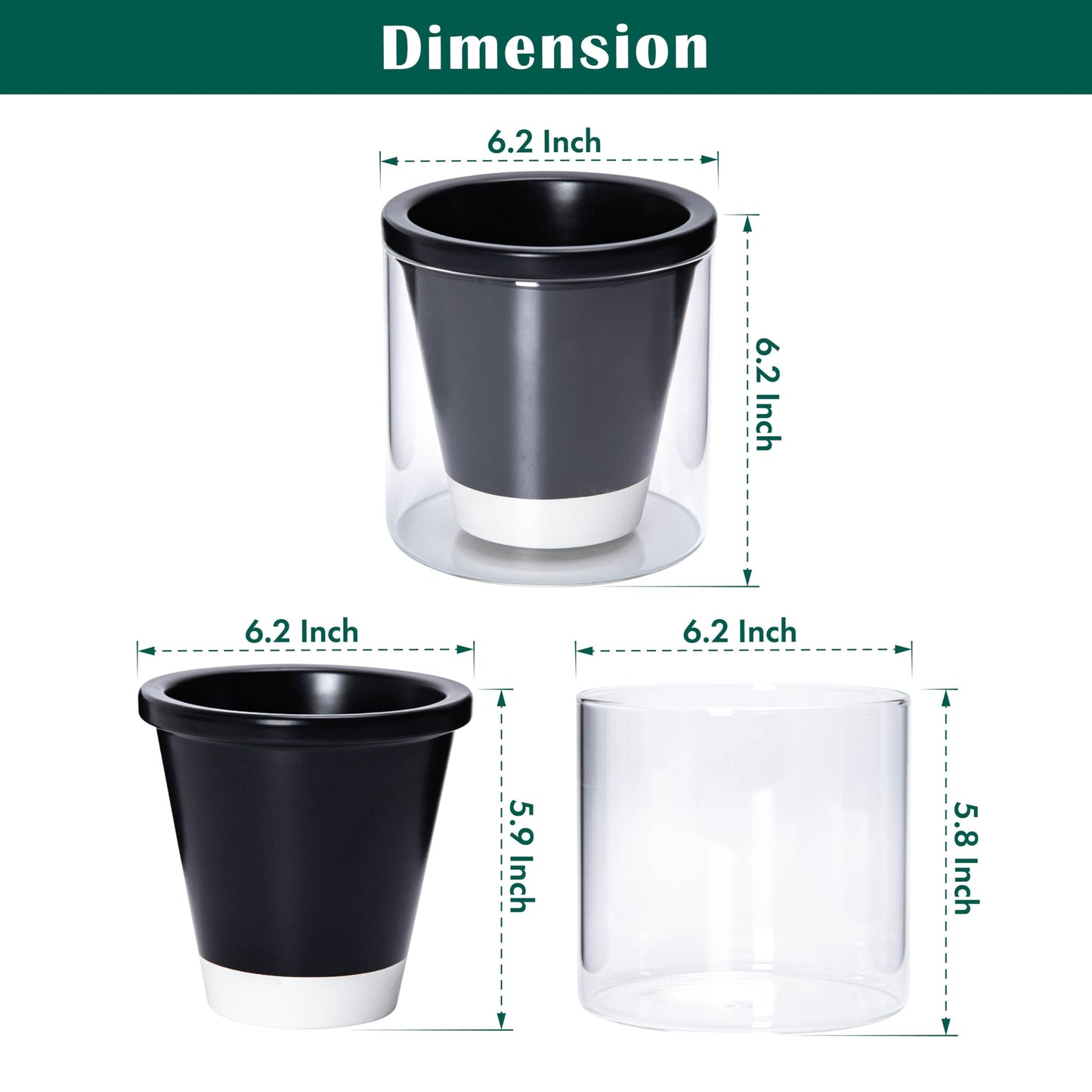 D'vine Dev 6 Inch Design Self Watering Planter for Indoor Plants, Black Terracotta Pot with Cylinder Glass Cup, Set of 2, 37-Y-B-3
