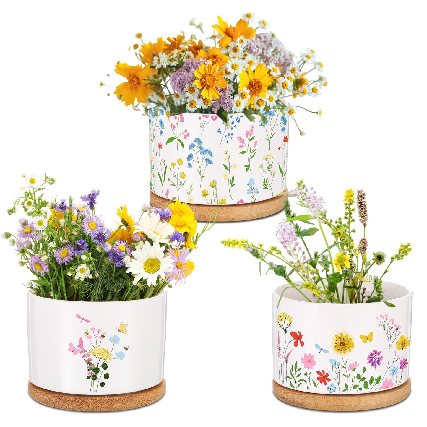 Mimorou 3 Pcs Wildflower Decor Gift for Women Ceramic Succulent Pots with Bamboo Tray for Spring Office Home Farm House Kitchen Decorations (No Plants Included)