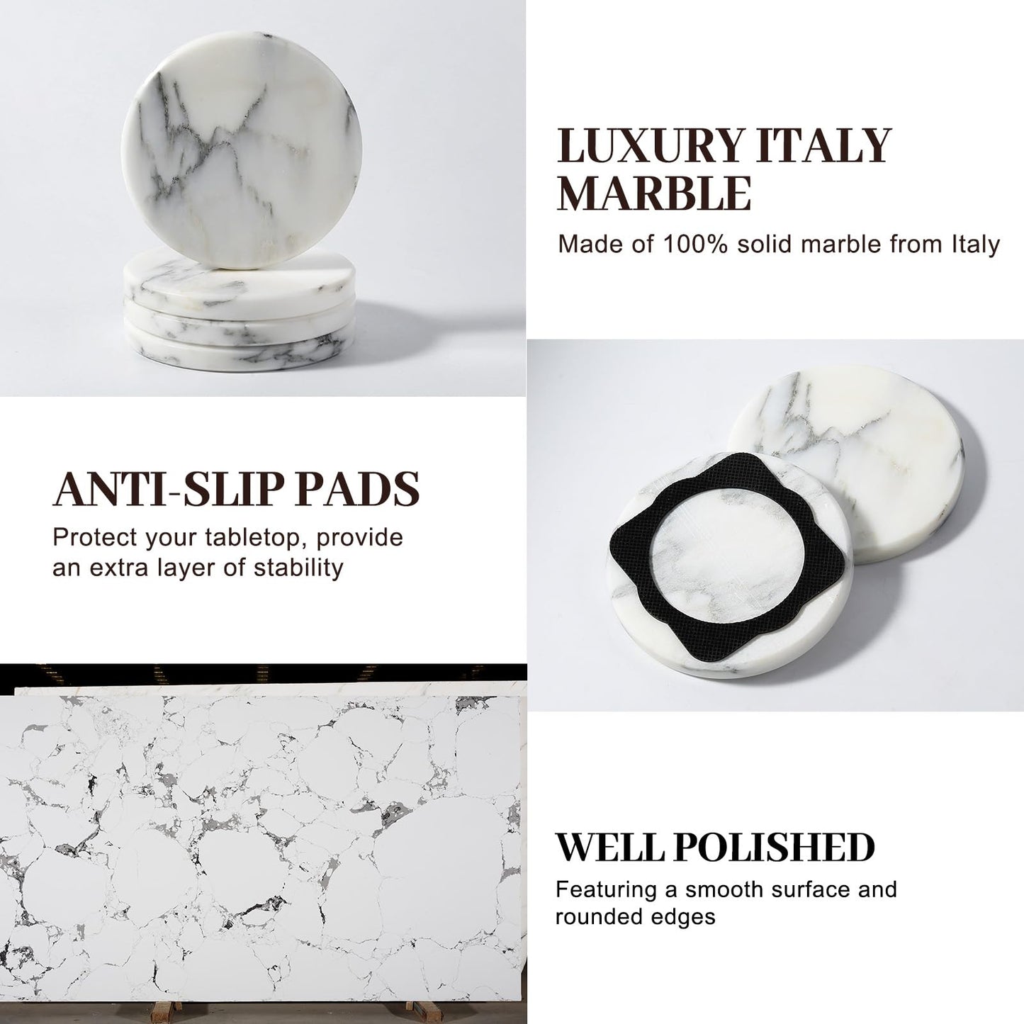 Koville Marble Coaster Set of 4, Round Coasters, 4" Stone Coaster for Drinks Coffee, Marble Coasters for Coffee Table Home Bar Decor, Heat Resistant, Gift Choice(Arabescato)