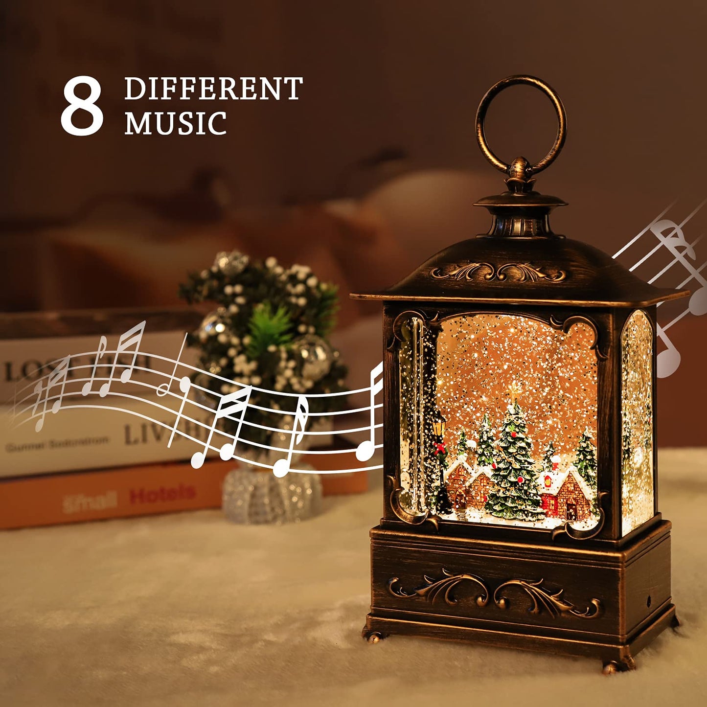 Christmas Village Snow Globe Lantern,Christmas Decorations Indoor Water Lantern Swirling Glittering with Music & Timer, USB/Battery Operated Lighted Lanterns for Home Decor Gifts (Forest House)