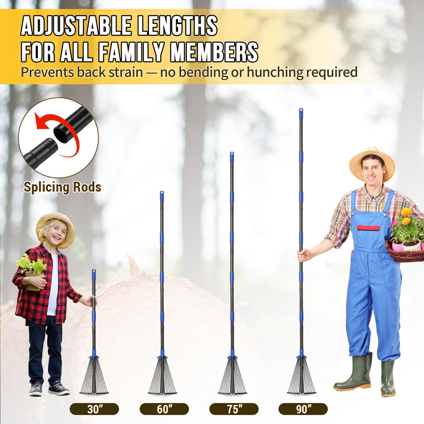 Adjustable Leaf Rake, Heavy Duty Metal Rake for Leaves, Long Handle 30"-75" with Expandable Head 8"-17", Collapsible Small Rakes for Lawns, Gardening, Yard, Camping, Shrub, Grass, Bush, Weed, Debris