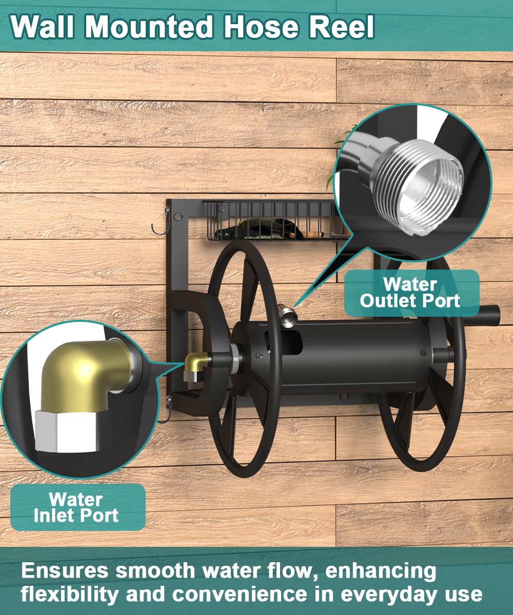 Artigarden Outdoor Wall Mounted Hose Reel with Hook, Garden Heavy-Duty Water Holder Winder with 3.9 ft Leader Hoses, Brass Fitting and Storage Basket for Yard, Holds 125 Ft of 5/8-Inch Hose, Black