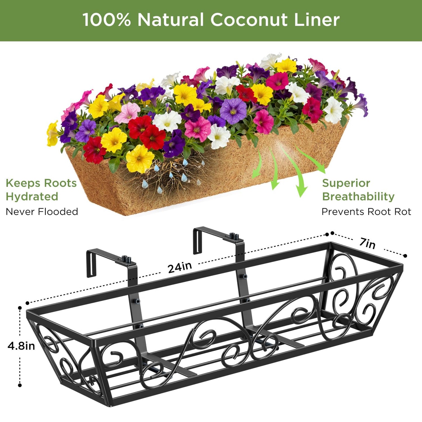 Y&M 24 Inch Window Deck with Coco Liner, Fence Metal Hanging Flower Planter Window Basket Deck Railing Planter Boxes for Outdoor Garden Lawn-Butterfly,2pcs