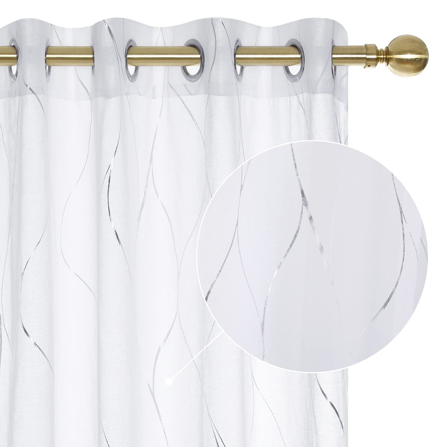 Deconovo Semi Sheer Curtains 2 Panels, 52W x 84L Inch Each, Grommet Top Voile, Light-Filtering Day Privacy, Silver Wave Foil Pattern, Living Room/Bedroom Window Drapes, Easy Hang