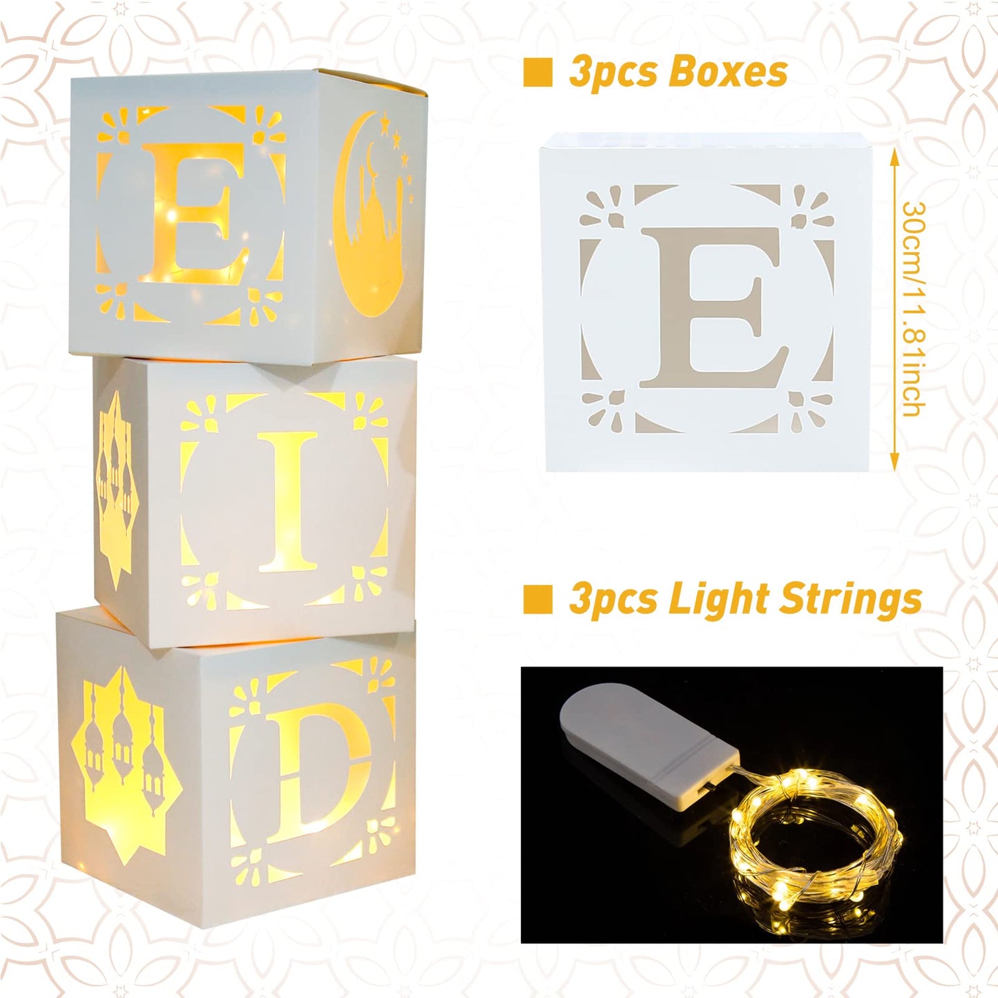 Eid Decoration Boxes with Light - 3pcs White Hollow-Out Paper Boxes with Warm Light String, Cultural Elements Box for Eid al-Fitr Decor al-Adha Festival Ramadan Mubarak Muslim Islamic Supplies