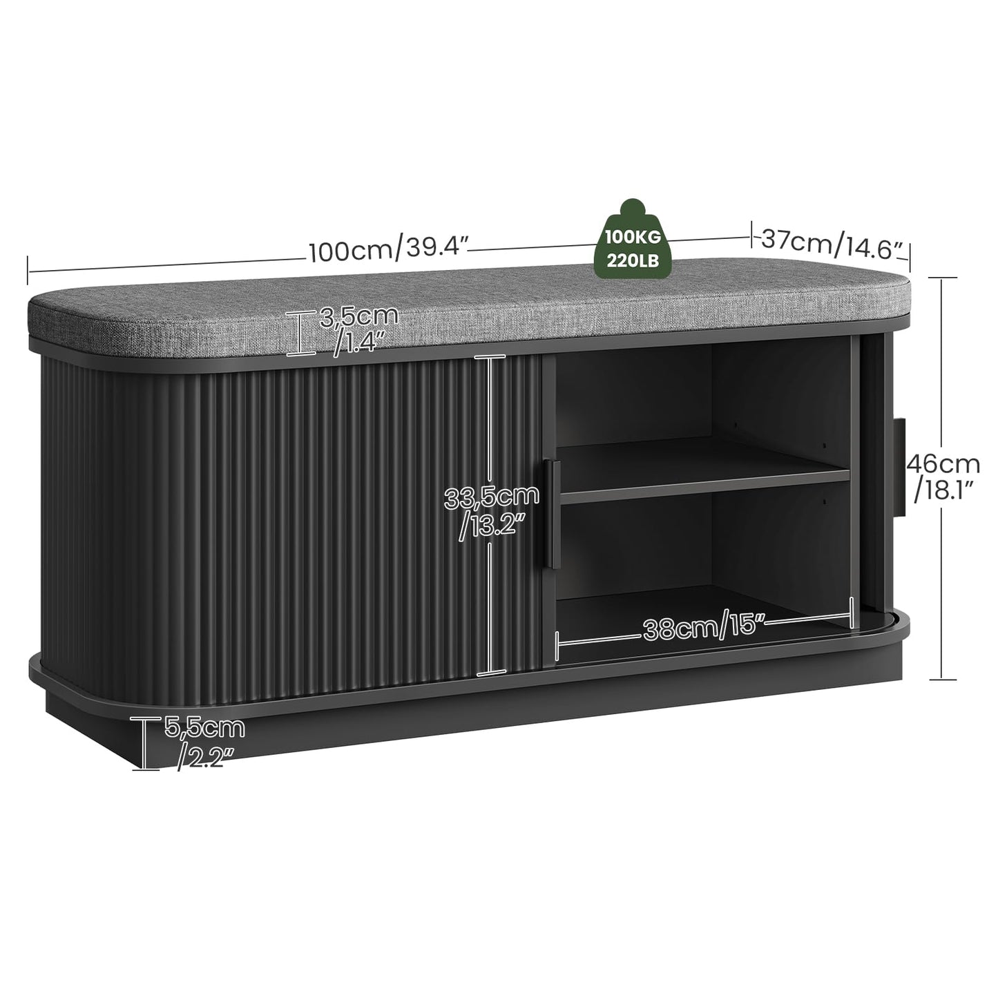 CHOEZON Shoe Storage Bench, Entryway Bench with Storage, Shoe Bench with Cushion and Sliding Door, Fluted Storage Bench, Entry Bench for Entryway, Hallway, Living Room, Bedroom, Black and Gray MHX02BB