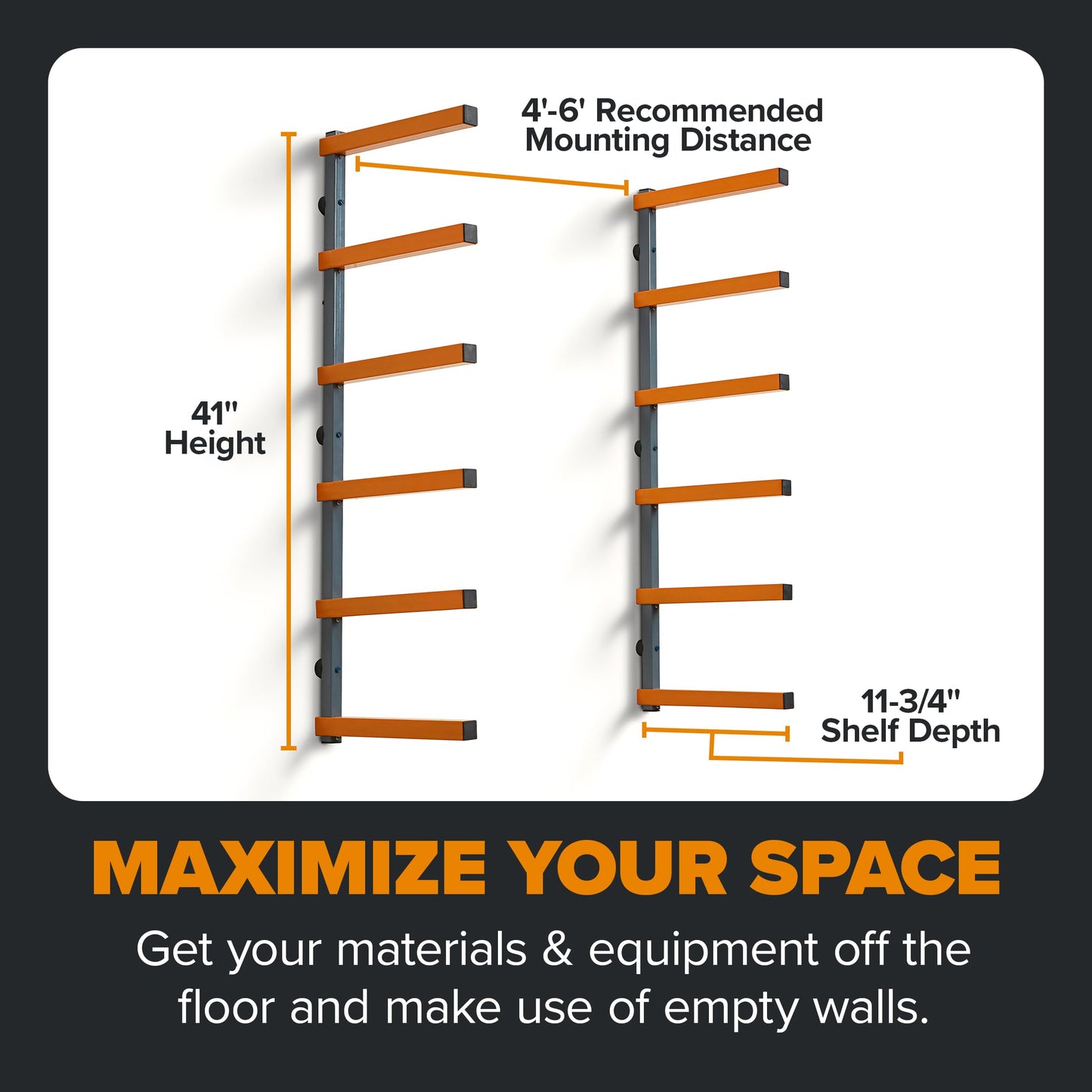 Bora Wood Organizer and Lumber Storage Rack with 6-Level Wall Storage Racks – Indoor and Outdoor Use, In Orange PBR-001