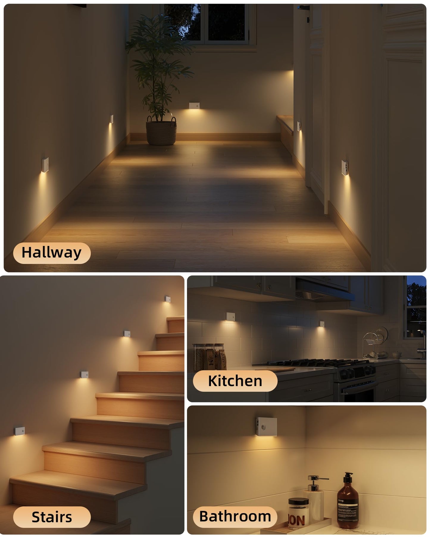 EZVALO 6 Pack Motion Sensor Night Lights, Sync LED Stair Lights Indoor, 1500mAh Rechargeable, Magnetic & Dimmable, 3000K Soft White, Portable Nightlight for Hallway, Stairs, Bathroom, Bedroom