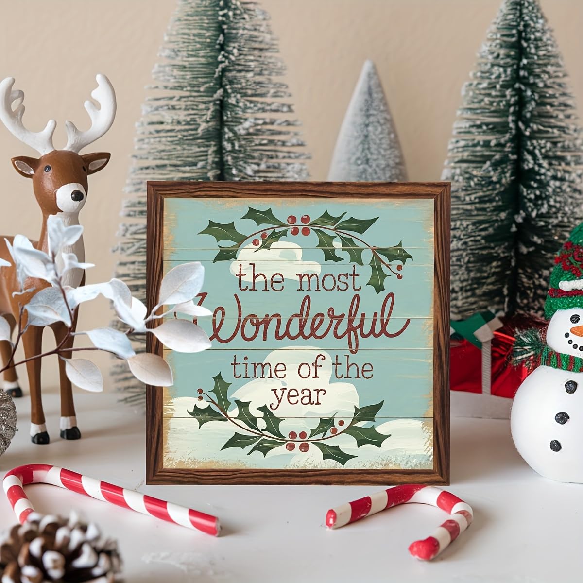 The Most Wonderful Time of the Year Wooden Framed Sign Christmas Holly Berry Decor Wall Art Inspirational Quote Rustic Decor for Home, Living Room, Winter 8x8 Inch