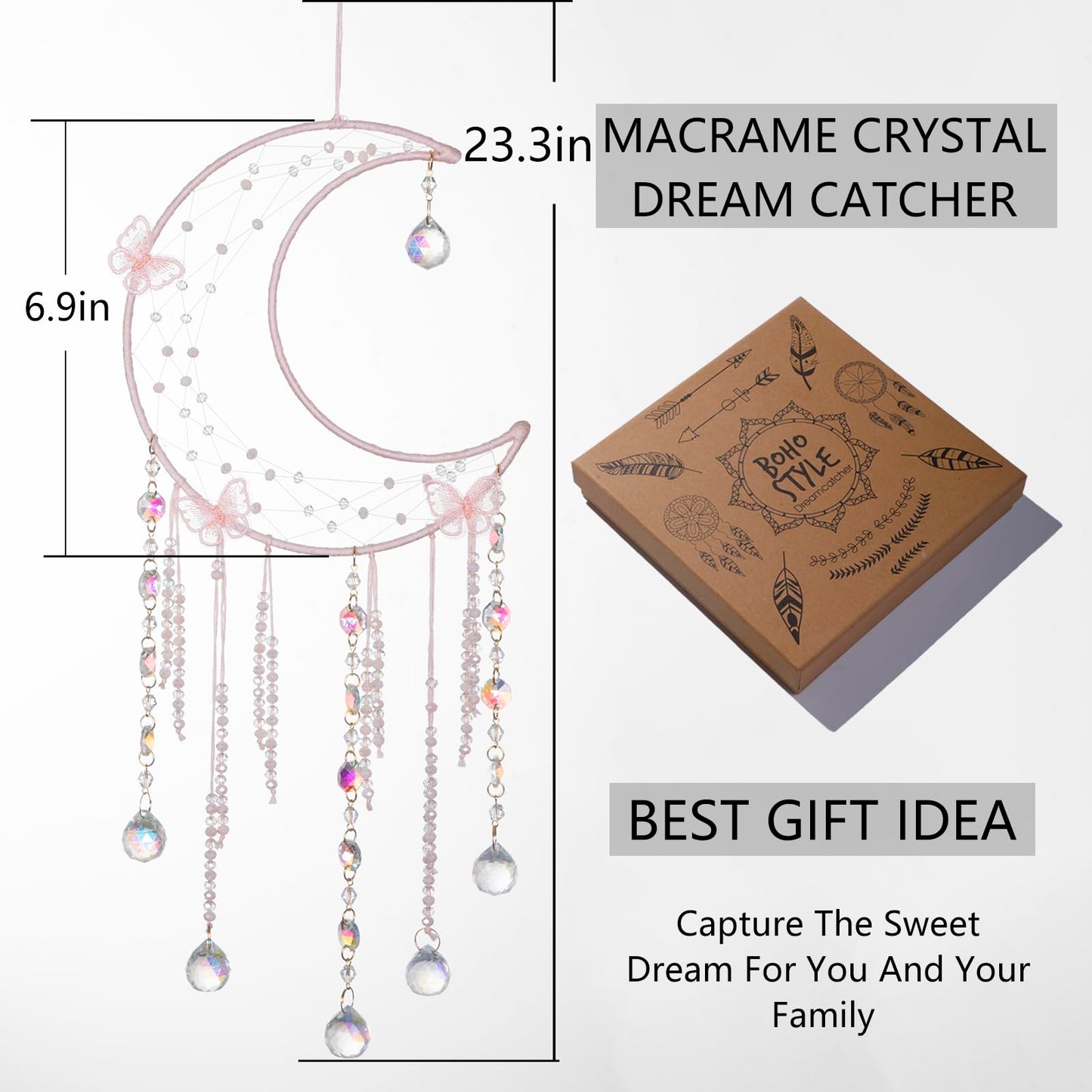 Artilady Butterfly Dream Catchers with Crystals - Large Boho Pink Moon Dream Catcher Wall Decor Home Decorations Girls Kids Baby Bedroom Room Decor Christmas Birthday Teen Girl Boys Gifts