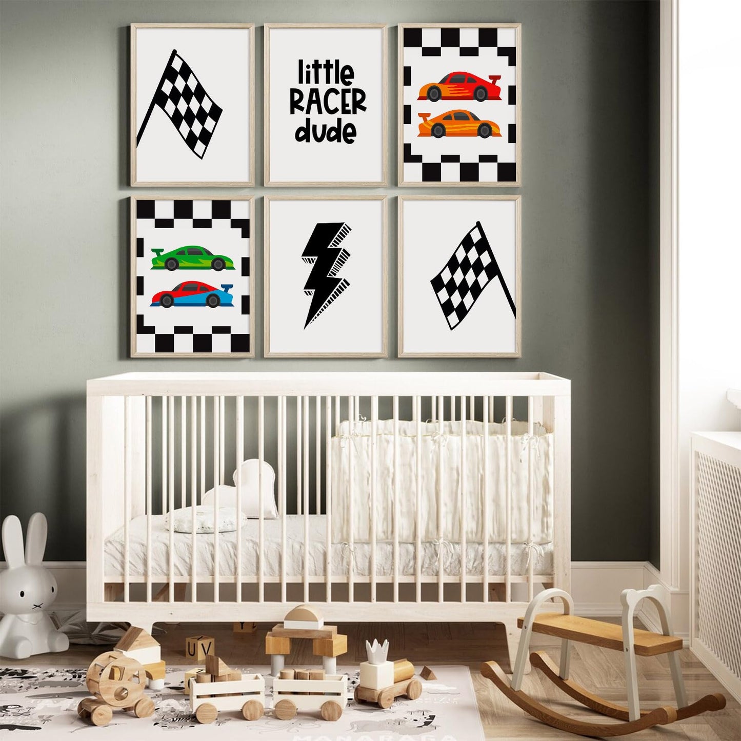 Race Car Wall Art Pictures Boys Room Wall Decor Nursery Toddler Canvas Wall Art Kids Playroom Art Prints Boys Race Car Poster Nursery Artwork Set of 6 for Bedroom 8x10 Inch Wood Framed