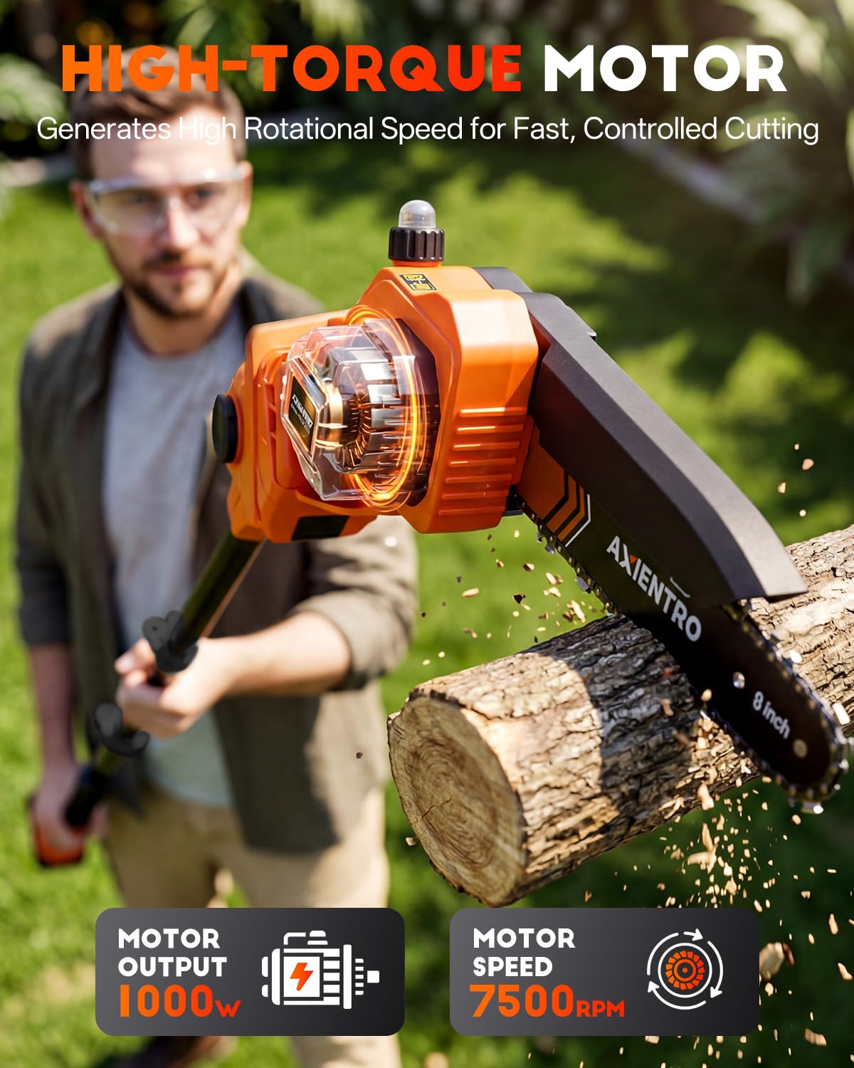 Axientro 4-in-1 Pole Saw & Pruning Shears, 8-in Brushless Motor Pole Saw for Tree Trimming, Electric Pruners with Extendsion Pole, 2x4000mAh Li Batteries & Charger, 16FT Max Reach