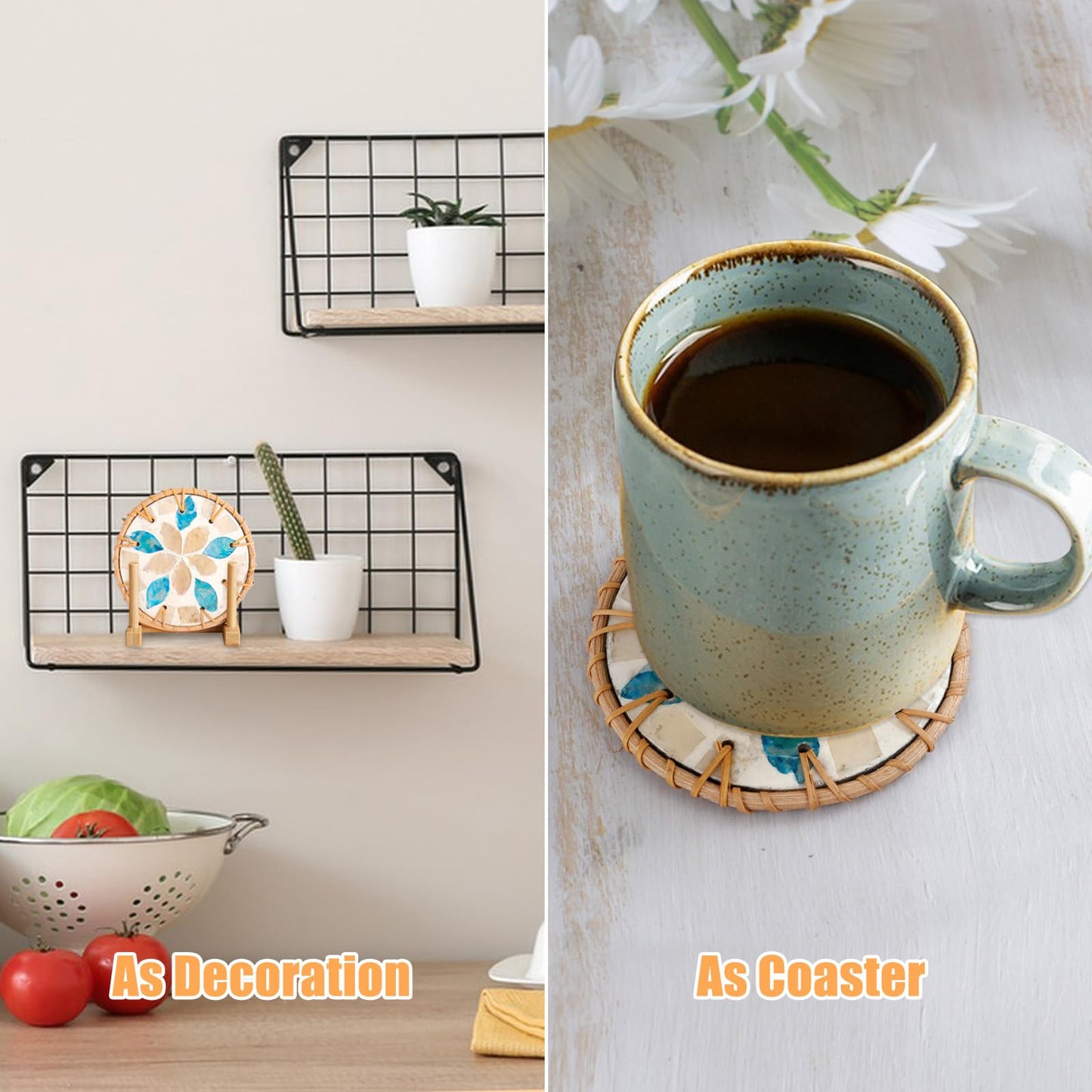 HAIJSEVR Coasters Set of 6, Boho Rattan and Mother of Pearl Unique Drink Coasters for Coffee Table, Ideas Handmade Aesthetic Home Wall Decor House Warming Gift for New Home