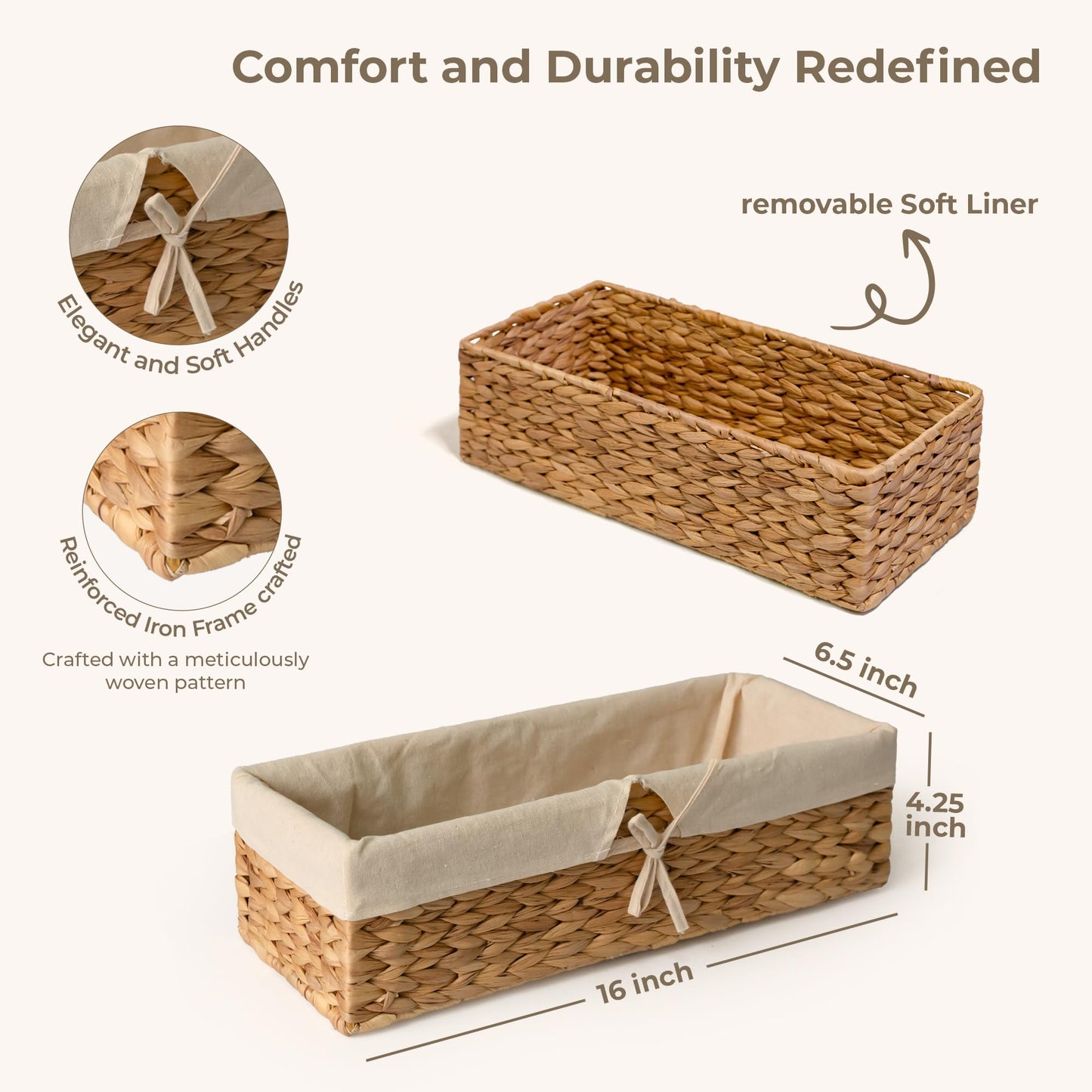 KOKODO Home Project Tank Topper Storage Baskets - Woven Wicker Basket for Toilet Paper Holder, Baskets for Vanity, Bathroom, Pantry Organizing, or Coffee Table Decor Pack of 02 Waterhyacinth