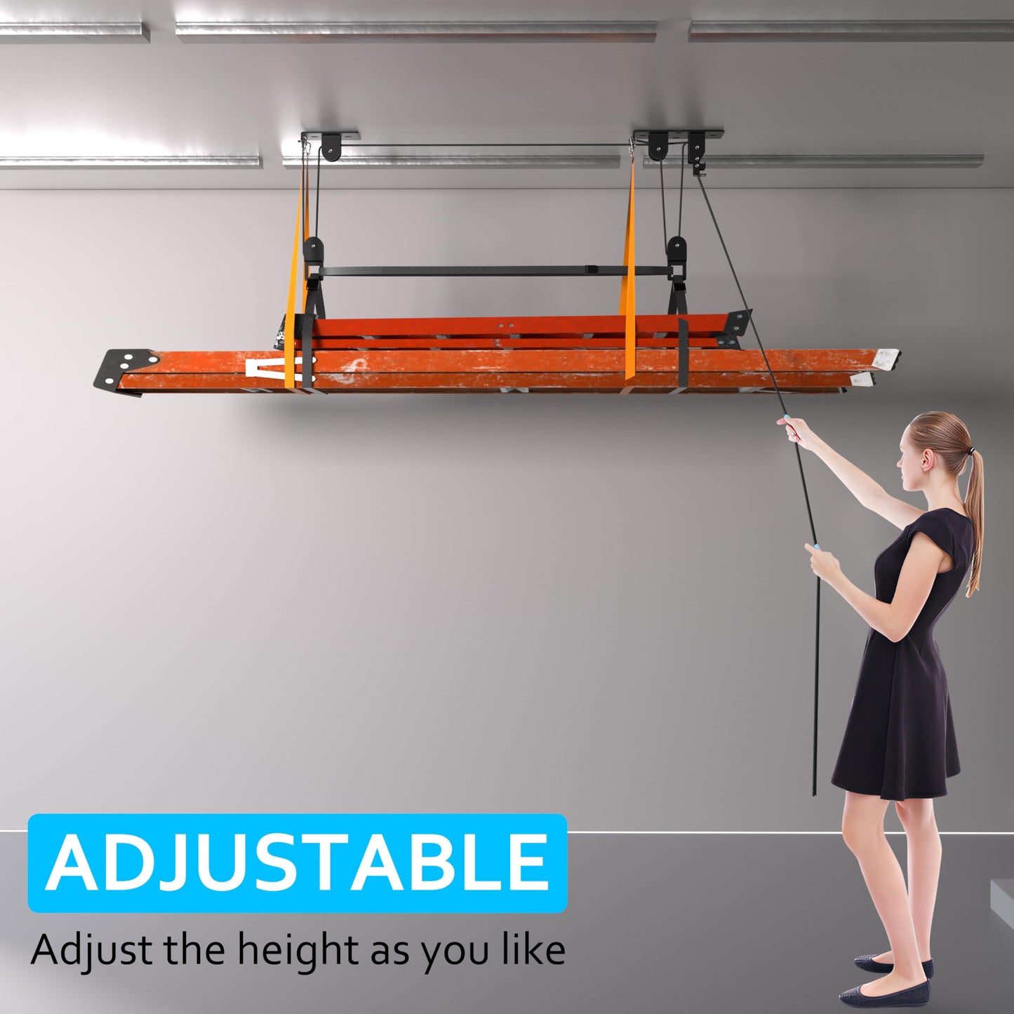 KOSEOO Ceiling Ladder Hoist, Heavy Duty Pulley System for Garage Storage, Ladder Hanger Hold Up to 150 lbs Capacity for Kayak, Cargo Box, Canoe, Bike Lift, Fit 10-18 Foot Ceilings, Black