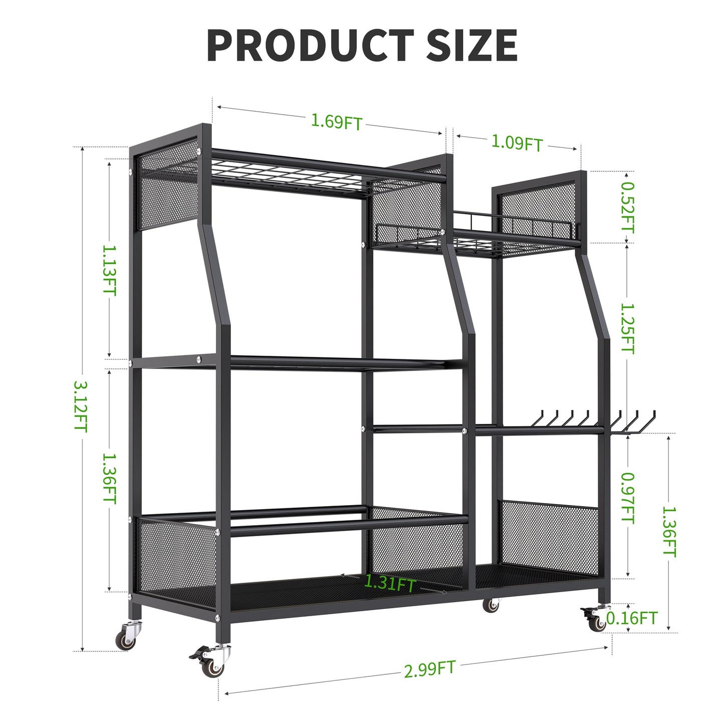 HOTEAGLE Garden Tool Organizer for Garage with 35.4” Width(High Stability), Outdoor Metal Utility Rolling Carts with Mute Wheels & 18.5mm Thick Rods, Easy to Clean, Black