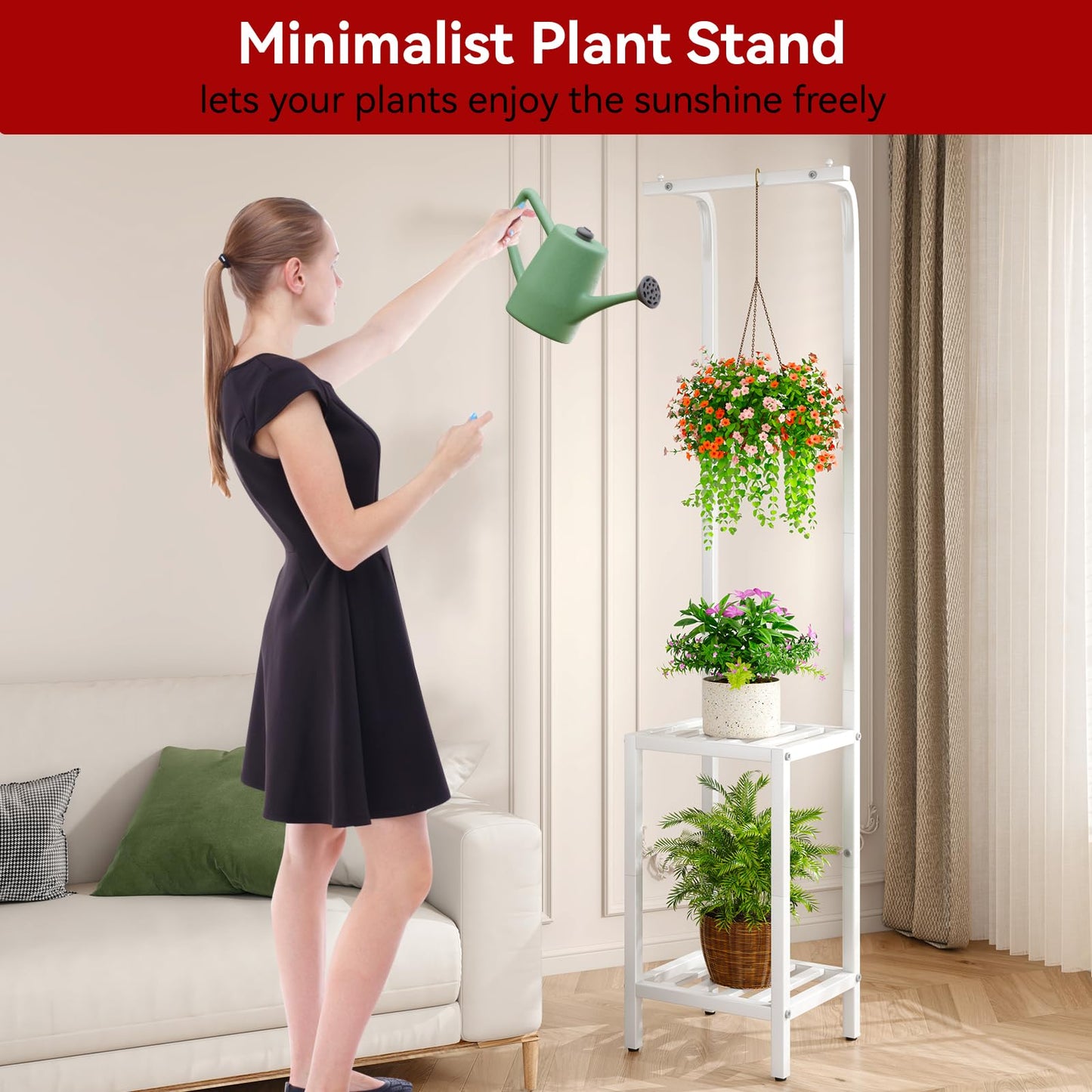 IBUYKE 67 Inch Tall Plant Stand Indoor Outdoor, 3 Tier Metal Hanging Plant Shelf for Multiple Plant, Heavy Duty Plant Holder Flower Stand for Living Room Patio Balcony Garden, White TMJ076W