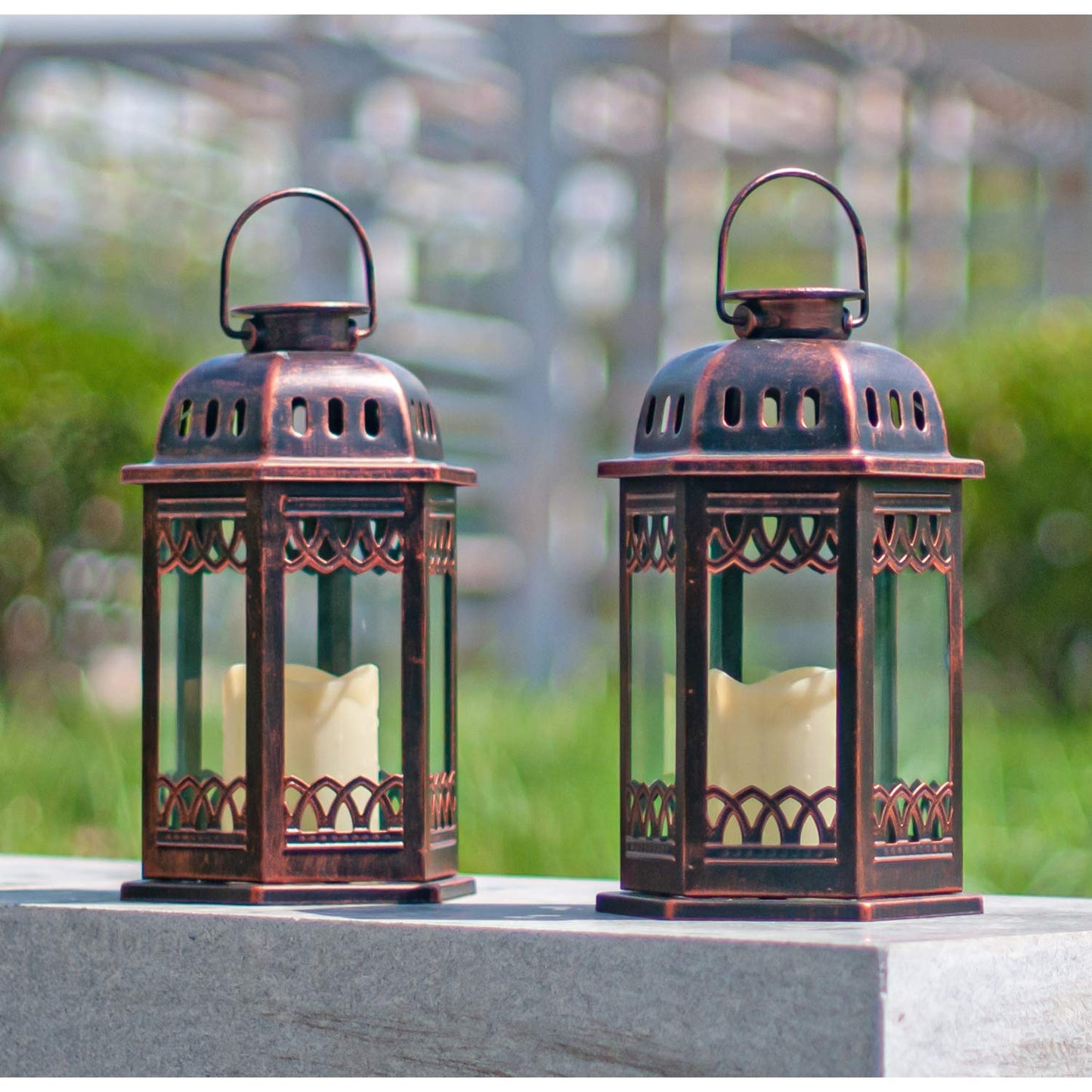 SteadyDoggie Solar Lanterns 2 Pack Bronze - Retro Ornate Hanging Lantern with Handle, Outdoor Lantern with Flickering Candle LED, 6.60 x 6.60 x 10.60 in