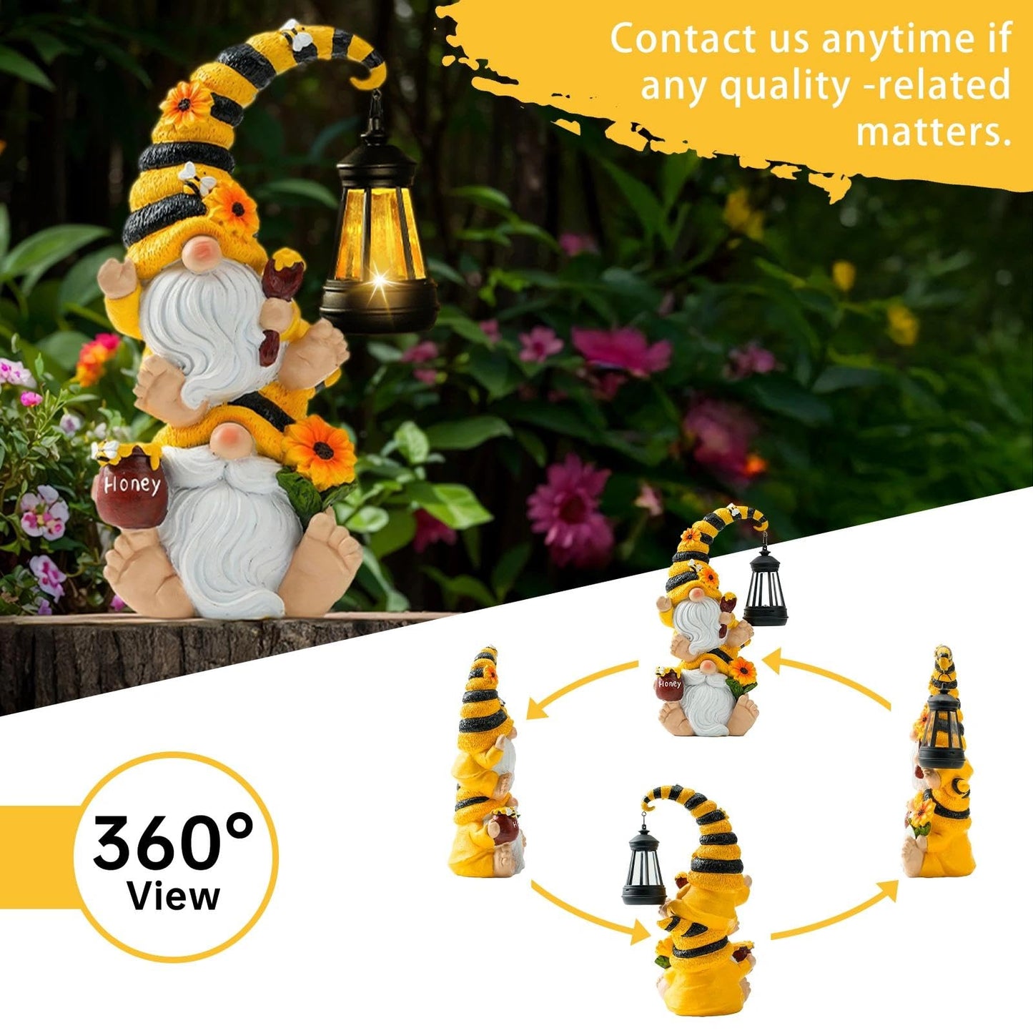 QZZP Solar Bee Garden Gnomes with LED Lantern – Waterproof Stacked Outdoor Decor for Yard, Patio – Unique Gnome Gift for Women, Mom, Grandma (Weatherproof Resin, Outdoor Statues)