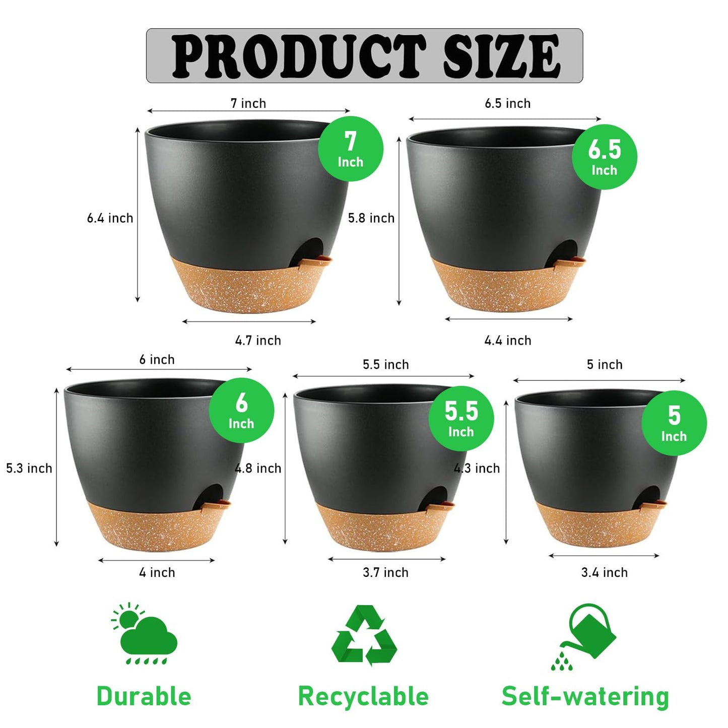 Carsapro 5-Pack Plant Pots with Drainage 7/6.5/6/5.5/5 Inch, Self Watering Pots for Indoor Plants, Planters for Indoor Outdoor Plants, Plastic Flower Pot, Planter for Indoor Outdoor (Black)