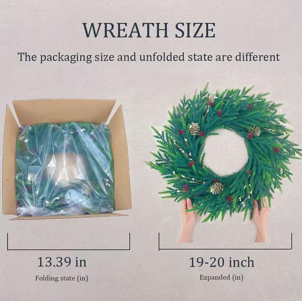 20 Inch Christmas Wreath for Front Door, Artificial Realistic Green Pine with Gold Pinecone, Door Wall Window Fireplace Party Decor