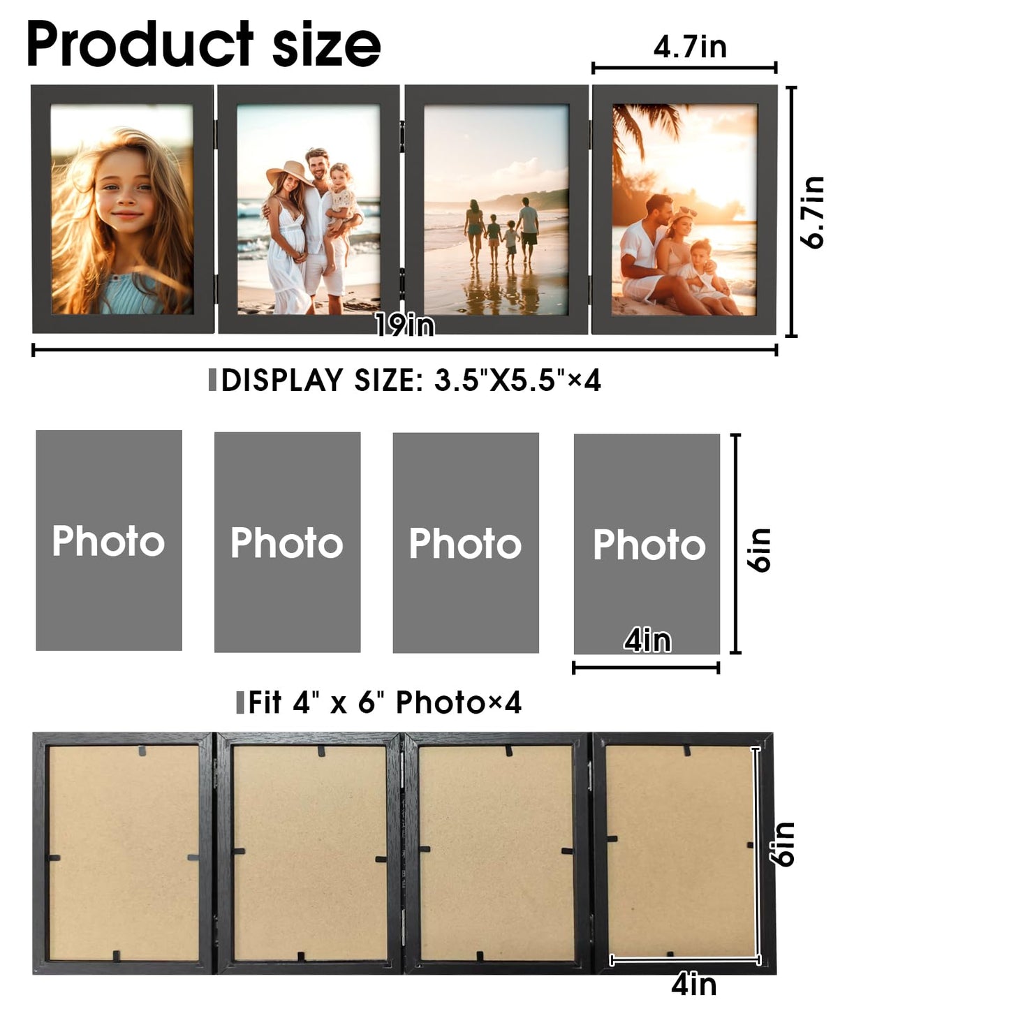 WARM&LOVE 4 Picture Frame, 4x6 Four Folding Hinged Photo Frames, Rustic Wood Desk Family Photo Collage Stand Vertical on Tabletop for Birthday Family Lover Gift (Black)