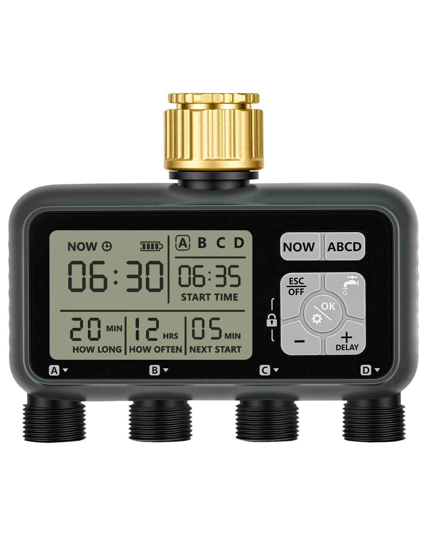 WILAWELS 4 Zone Brass Sprinkler Timer, Garden Hose Timer, Automatic Irrigation System, Programmable Faucet, 4 Outlets, with Rain Delay, Manual Mode,Child Lock, for Yard, Garden, Lawn, Green E14WT06