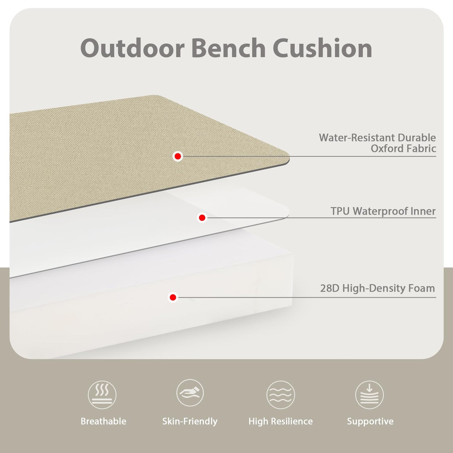 Favoyard Outdoor Bench Cushion 59 × 16 Inch Waterproof & Color Resistant Patio Benches Cushions for Garden Loveseat Swing Couch Furniture with Handle, Removable Cover and Adjustable Straps, Beige