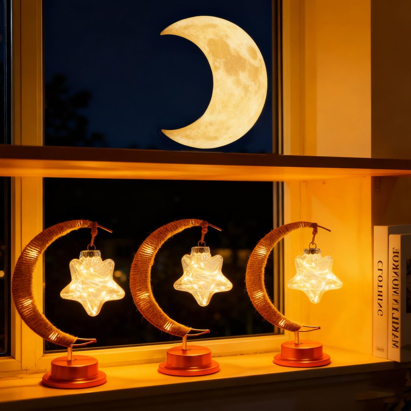 Taoushuleng Crescent Moon Table Light with Hanging Star Ramadan Decorative Atmosphere Lamp Battery Operated Suitable for Home Bedroom Shop Party Decoration (HGmoon-WW-Star)